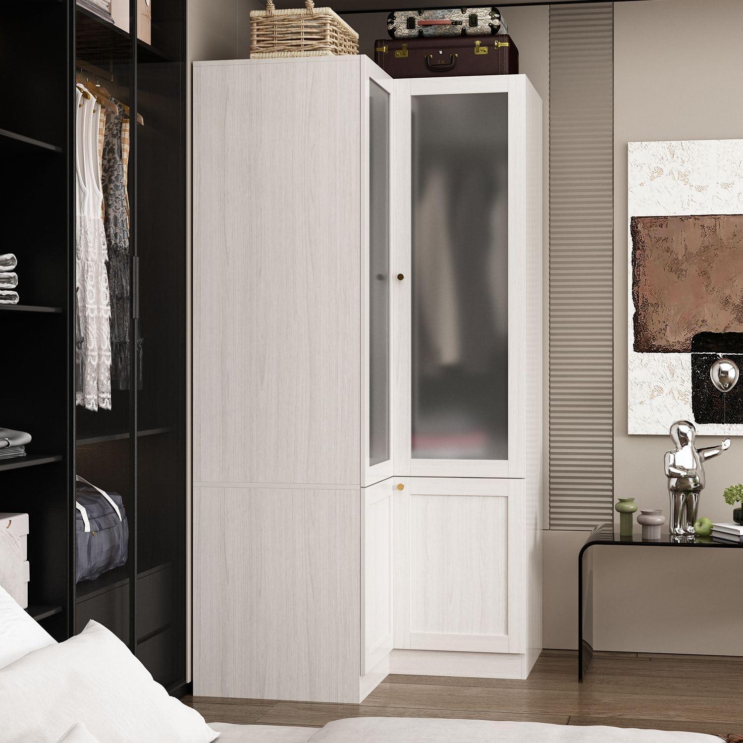 MOUMON Corner Wardrobe, L-Shaped Modern Bedroom Armoires with Frosted Glass Doors and Hanging Rod, Corner Armoire Wardrobe Closet, Wood Grain 35.4' W x 35.4' D x 70.9' H