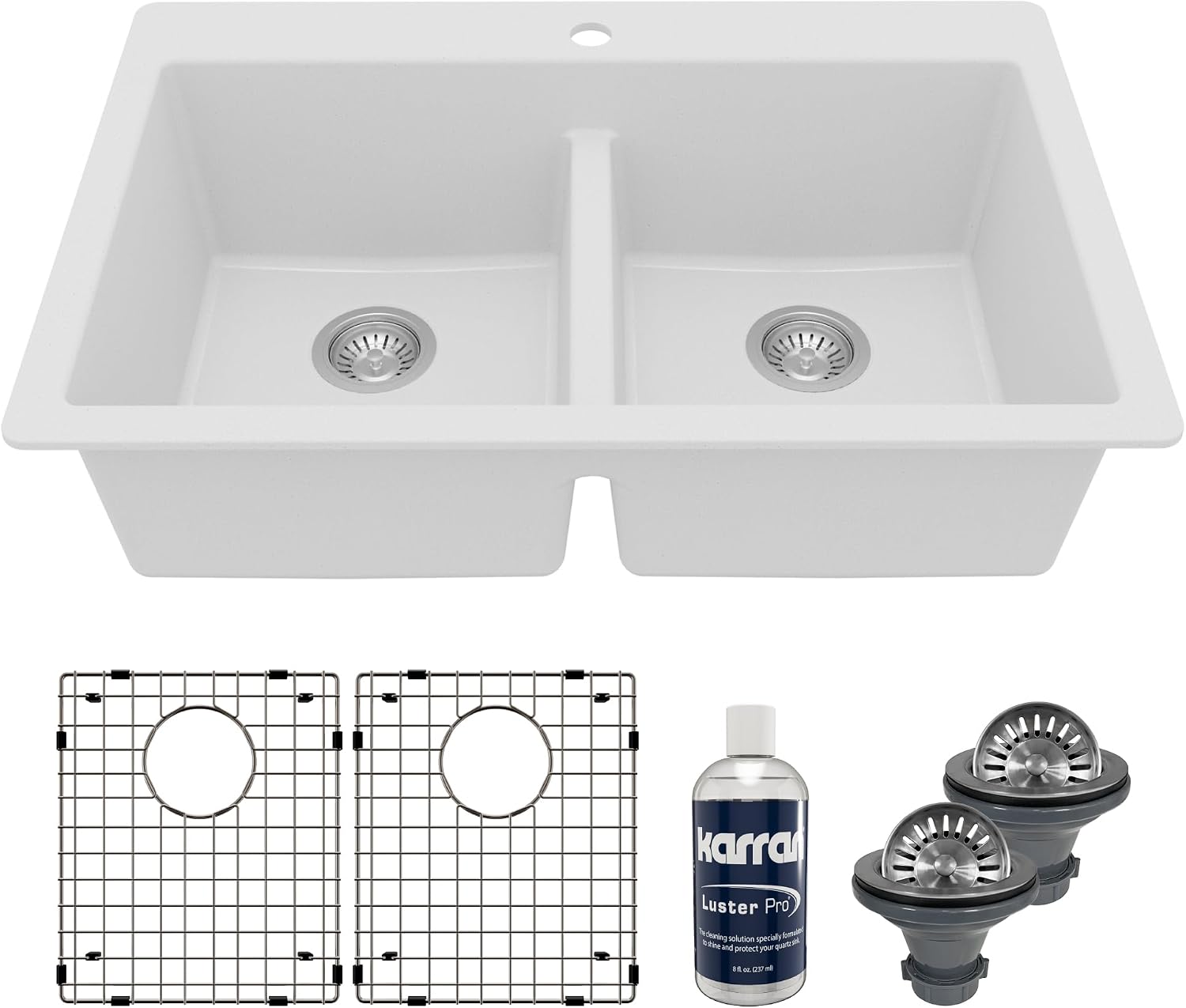 Karran QT-810 33' Top Mount Double Equal Bowl Quartz Kitchen Sink Kit in White