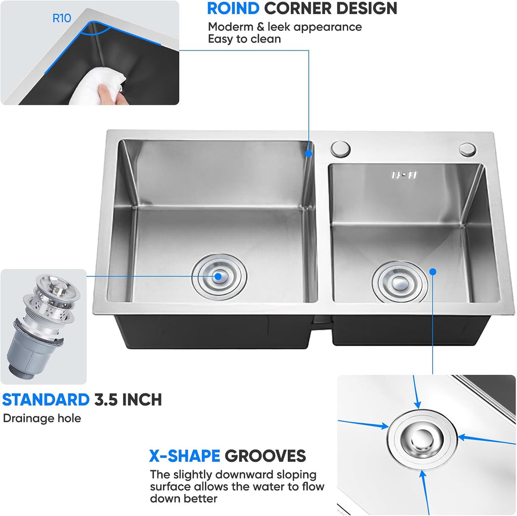 32' x 18' Drop-in/Topmount Double Bowl Kitchen Sink, Nano-Coated 304 Stainless Steel Kitchen Sink with Drain and Overflow