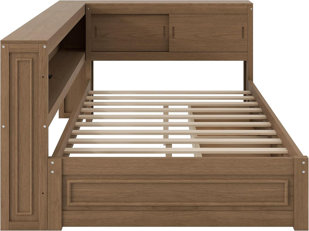 Merax Full Size Daybed Frame with 2 Drawers for Kids, Daybed Full Size with Storage Shelves and Headboard, Wood Corner Bed with USB Ports and LED for Living Room, Antique Wood