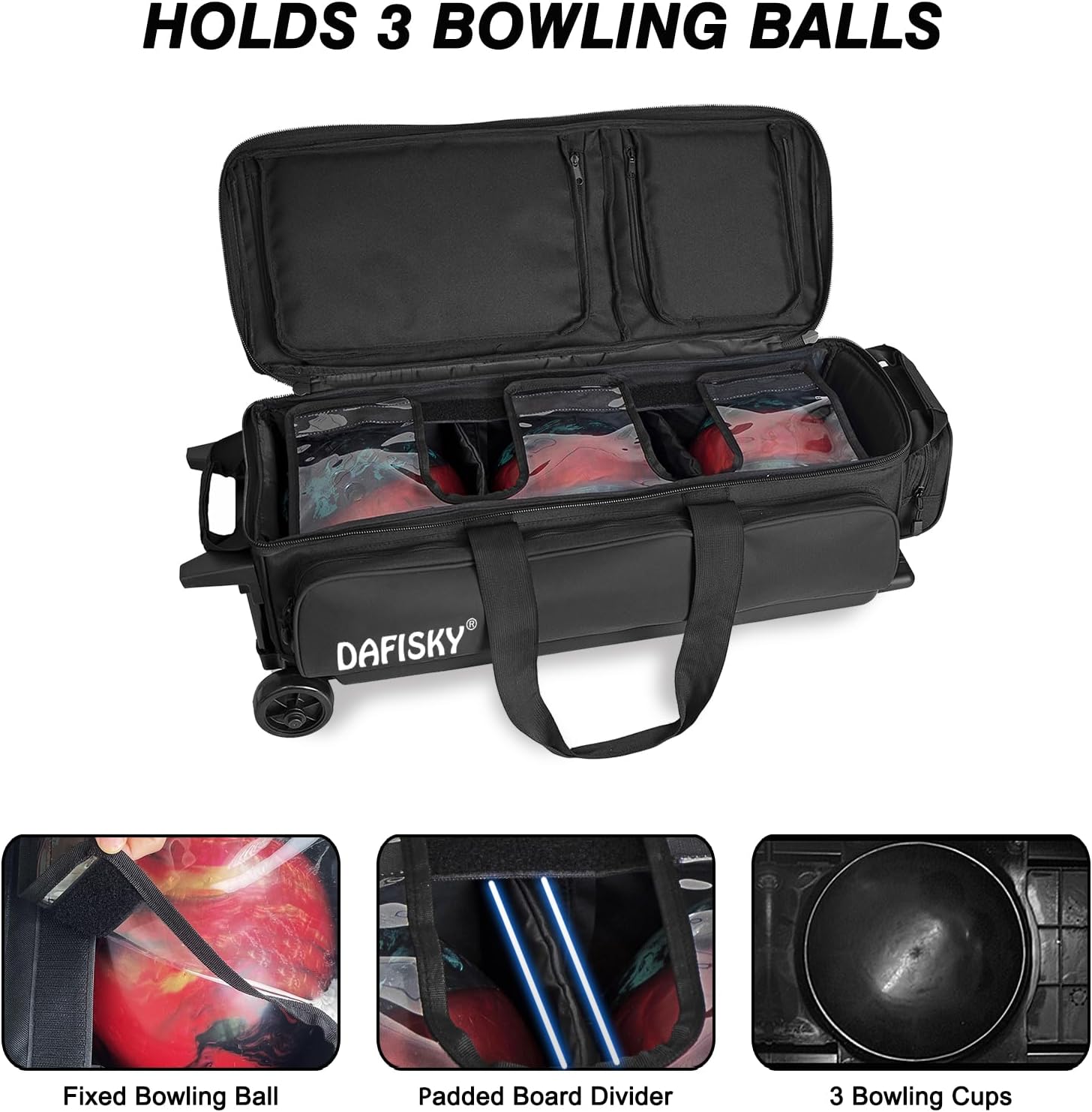 DAFISKY 3 Ball Bowling Bags with Wheels, Roller Bowling Bag with Multiple Pockets Retractable Handle Extends to 38''