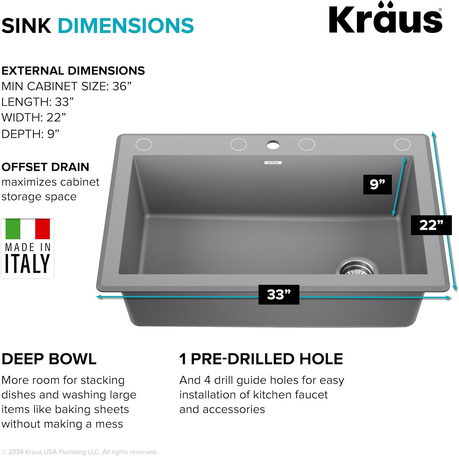 KRAUS Forteza 33-inch Drop In/Undermount Single Bowl Granite Kitchen Sink in Grey, KGD-54GREY
