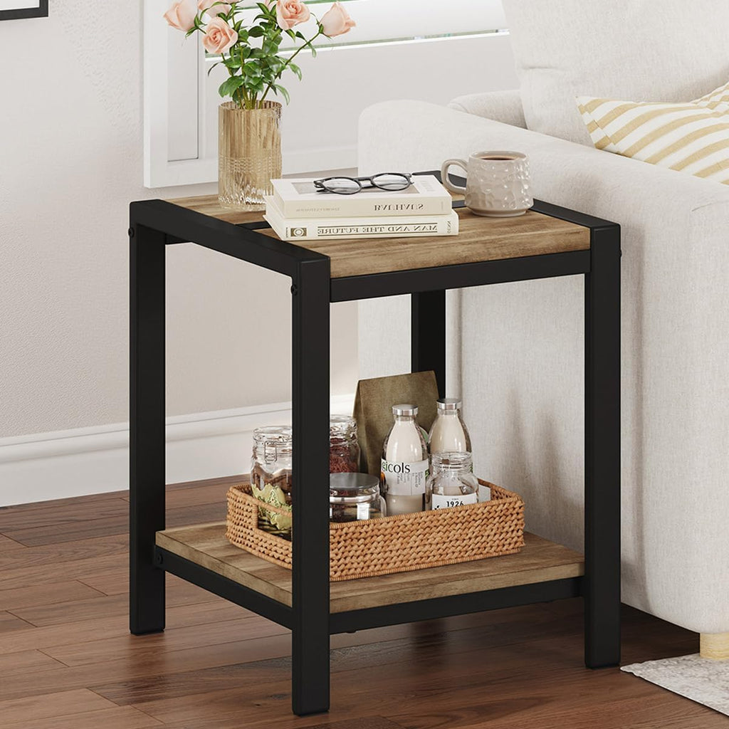 BON AUGURE End Table Set of 2, Rustic Farmhouse Side Table with Storage Shelf, Small Square Nightstand for Bedroom, 2 Tier Sofa Accent Table for Living Room, Space Saving (Vintage Oak)