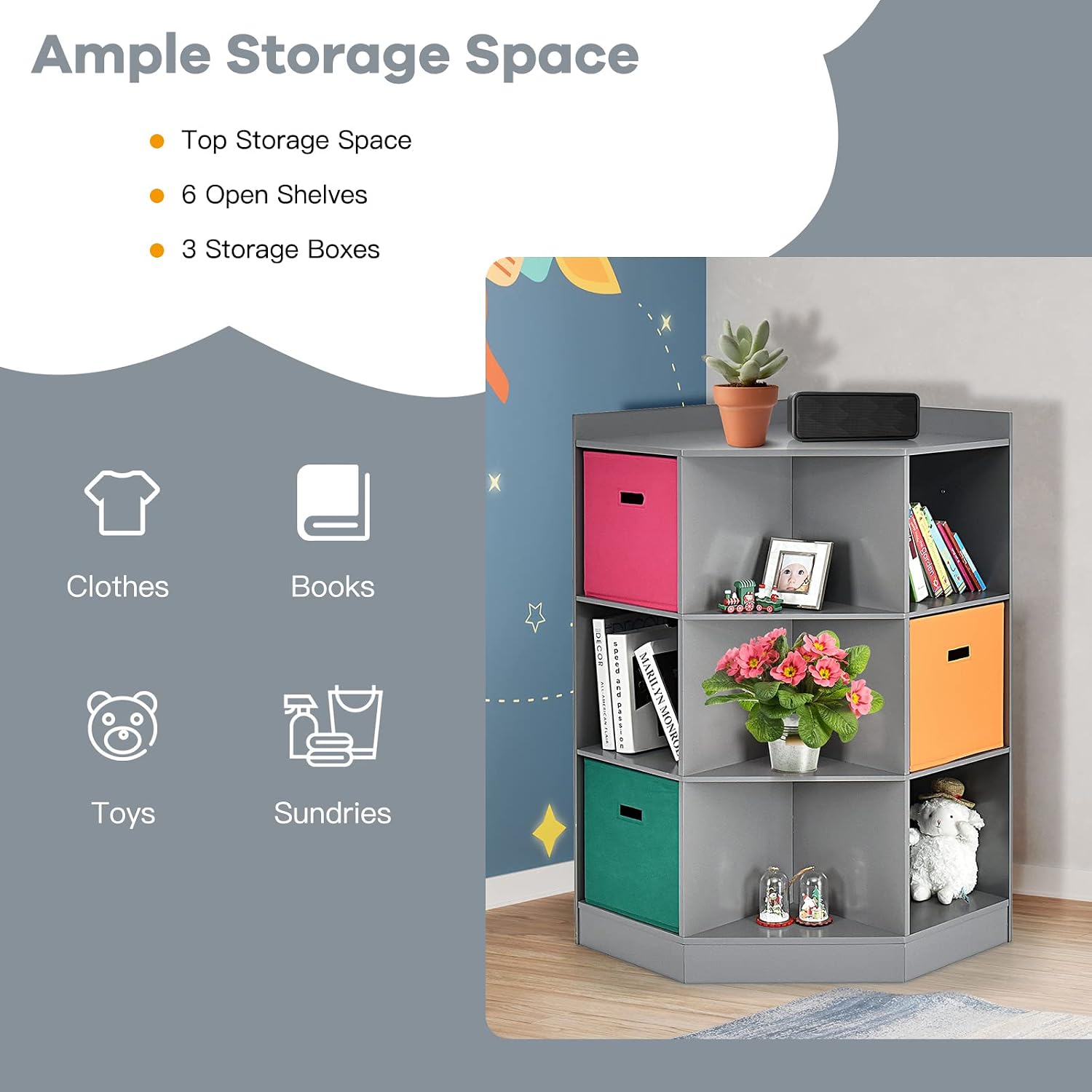 Costzon 9-Cubby Kids Bookcase with Extra Large Storage Baskets, Multi-Bin Children's Organizer Shelf with 6 Cubes and 3 Shelves, Wooden Storage Sideboard Suitable for Playroom, Decor Room (Gray)