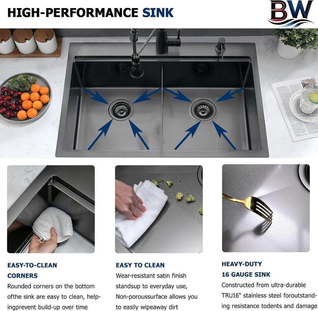 33x22 Black Double Bowl Drop In Kitchen Sink Workstation - 16 Gauge Stainless Steel Workstation Sinks 50/50 Split, Top Mount Drop In Kitchen Sink Double Bowl with Accessories