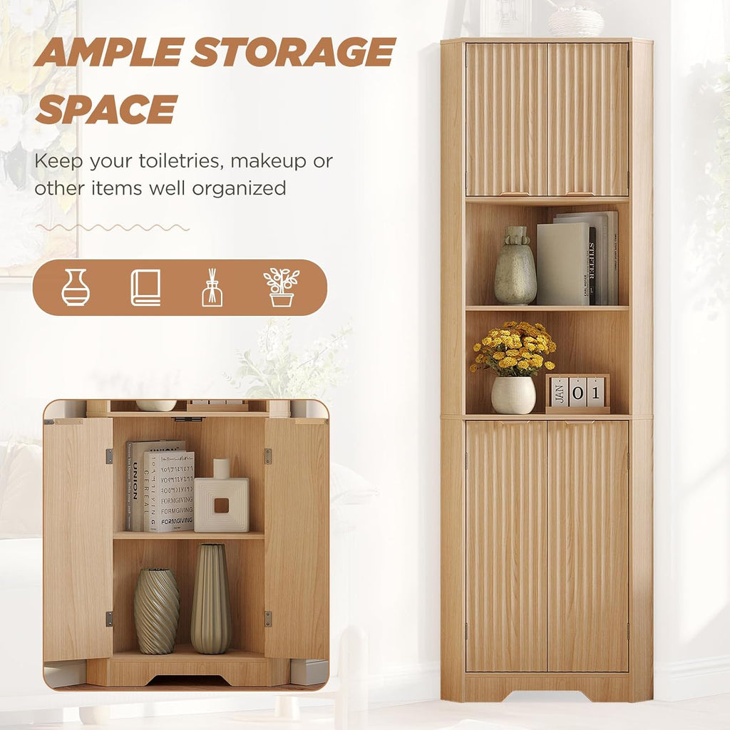 Fameill Tall Corner Cabinet with 2 Doors and 2 Open Storage Shelves, 68' Corner Storage Cabinet with Fluted Door Design, Home Space Saver for Living Room, Bathroom, Kitchen, Laundry, Natural Oak Color
