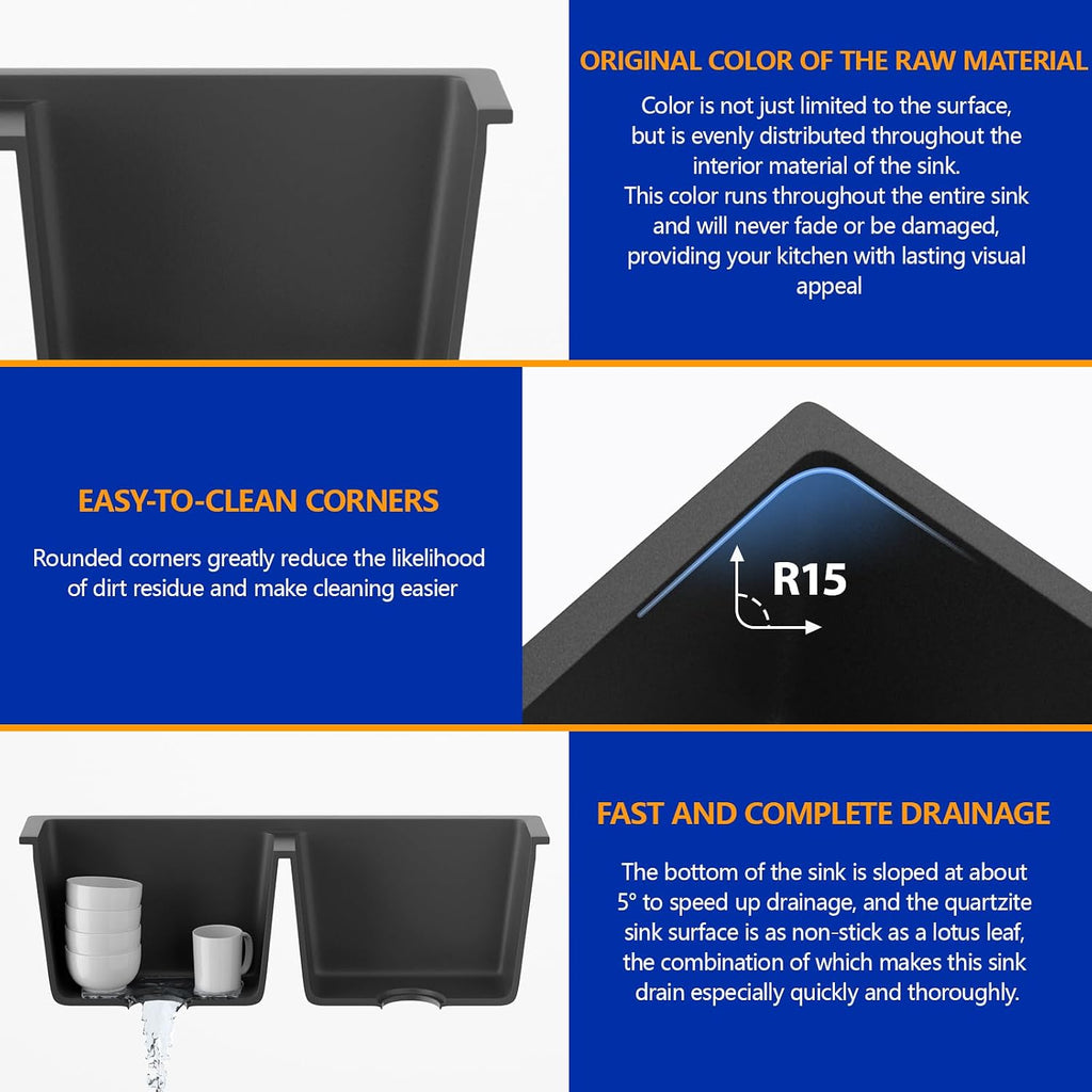 Dcolora 33 inch Quartz Matte Black Granite Composite Double Bowl Undermount Kitchen Sink Basin Deep 50/50 Split, DC-GU7761