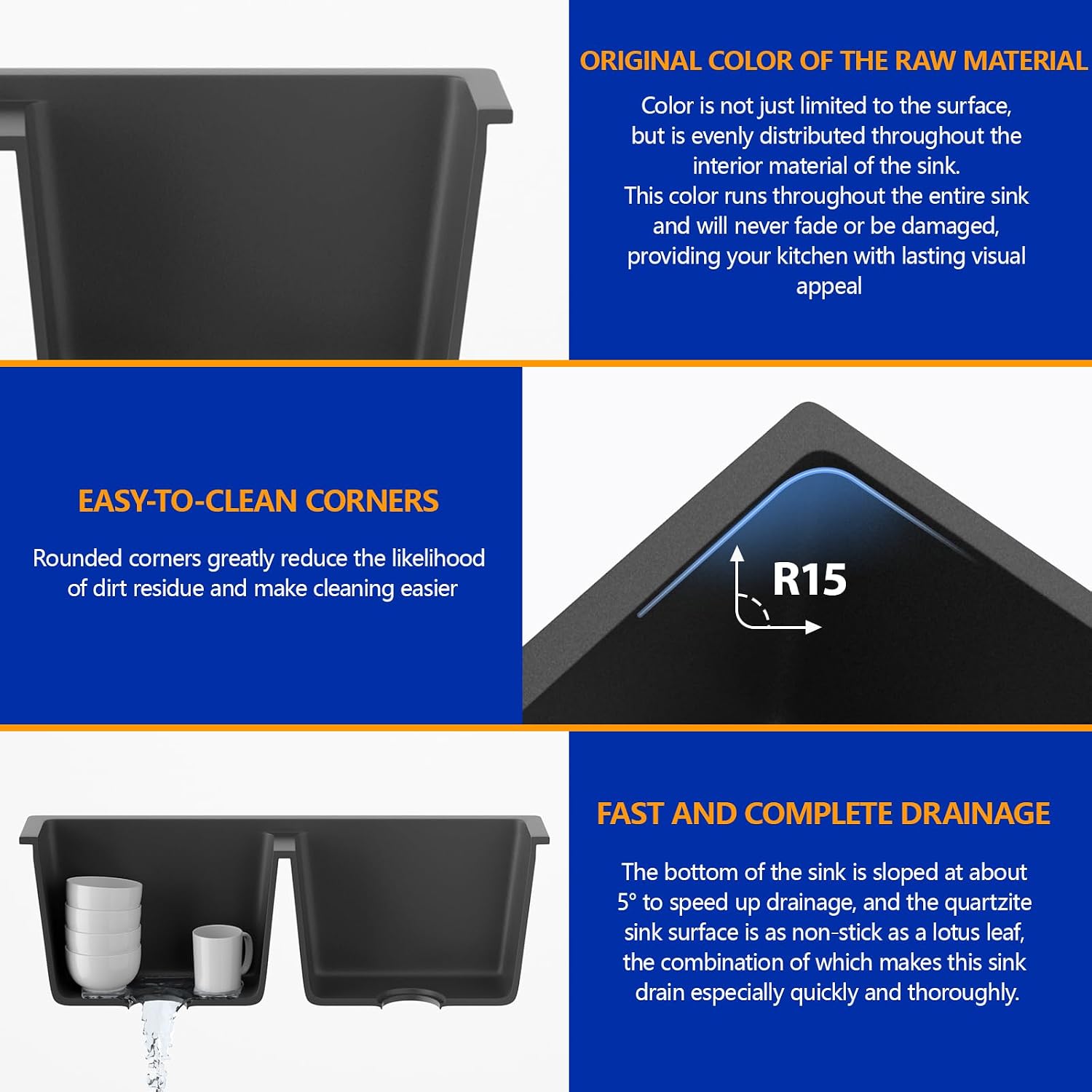 Dcolora 33 inch Quartz Matte Black Granite Composite Double Bowl Undermount Kitchen Sink Basin Deep 50/50 Split, DC-GU7761