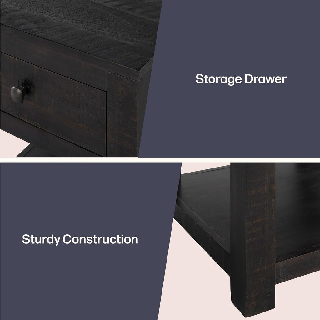 Durham Living Room Side Table - 20-Inch End Table with Storage Drawer and Shelf - Solid Wood Night Stand for Living Room or Bedroom - Mid Century Modern Furniture by Alaterre Furniture (Dark Brown)