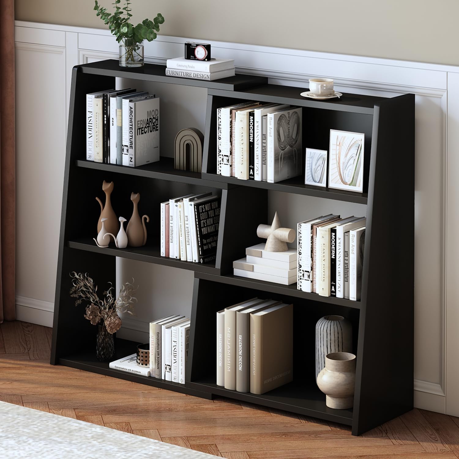 IOTXY Wooden Extendable Shelf Bookcase - 3-Tier Ladder Low Short Bookshelf for Small Space or Corner, Black, S