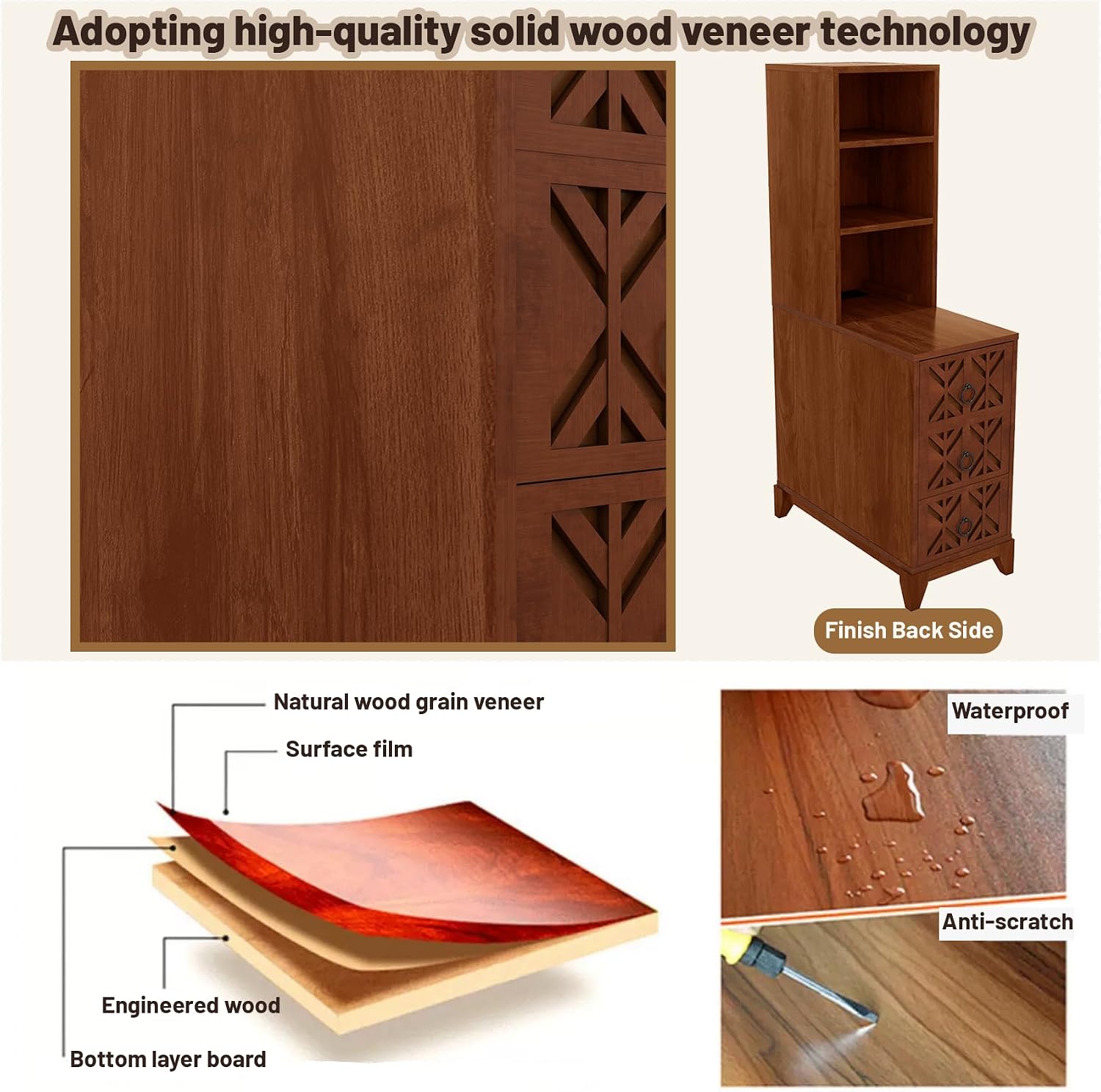 Wood Tall Nightstand with Charging Station, 47.2' Tall End Table with 3 Storage Drawers and 2 Open Shelves, Narrow Slim Sofa Side Table for Small Spaces, Living Room, Bedroom,Corner, Walnut