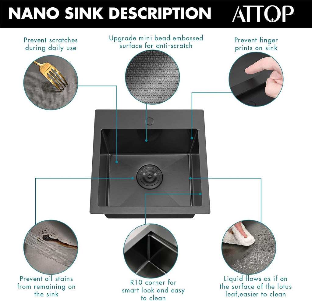 ATTOP 18 Inch Black Drop in Bar sink,18x18 Inch Nano Black Stainless Steel Handmade Small Single Bowl Sink Drop In Kitchen Bar sink
