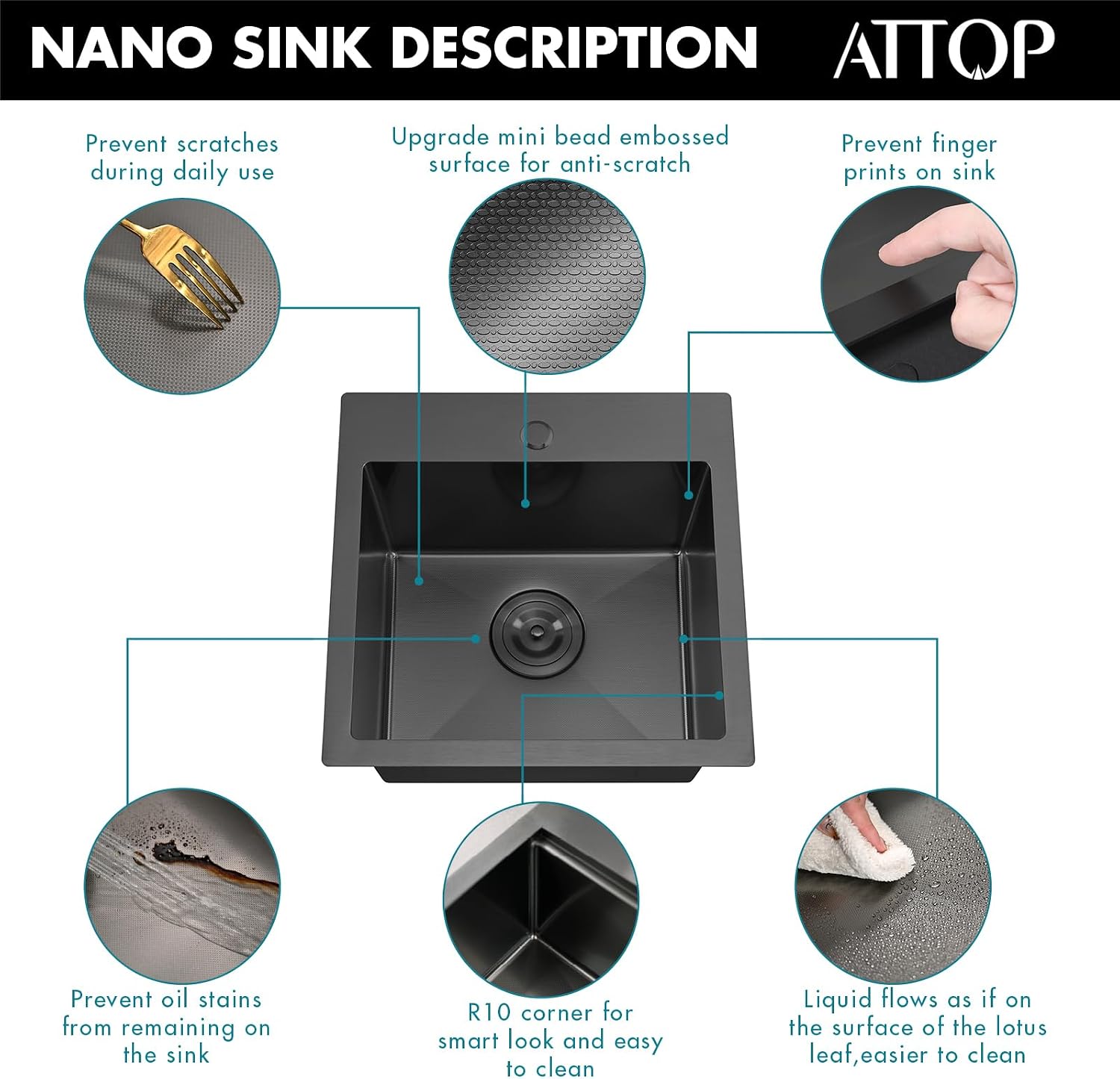 ATTOP 18 Inch Black Drop in Bar sink,18x18 Inch Nano Black Stainless Steel Handmade Small Single Bowl Sink Drop In Kitchen Bar sink
