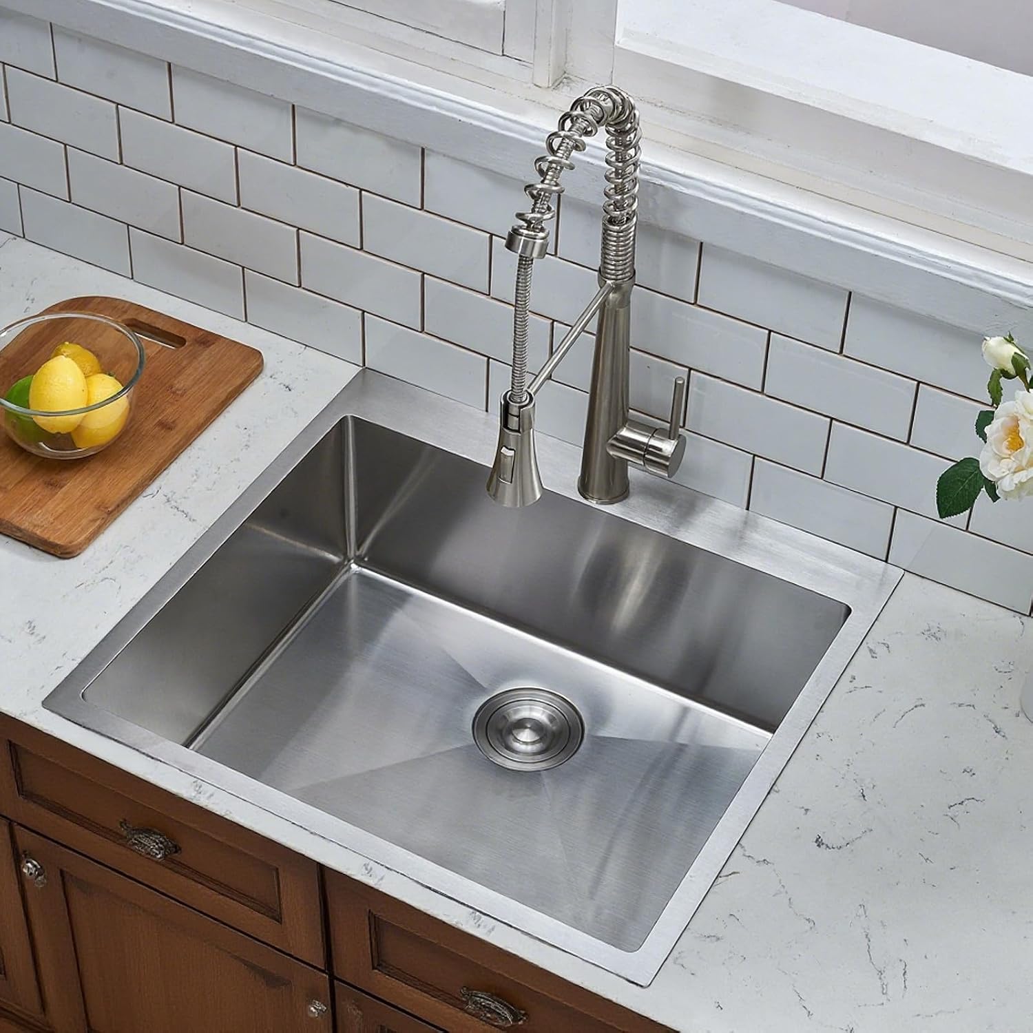 Friho 25x22 Drop in Kitchen Sink, Brushed Nickel Topmount Kitchen Sinks, SUS304 Commercial Handmade 16 Gauge Single Bowl Stainless Steel Sink with Basket Strainer