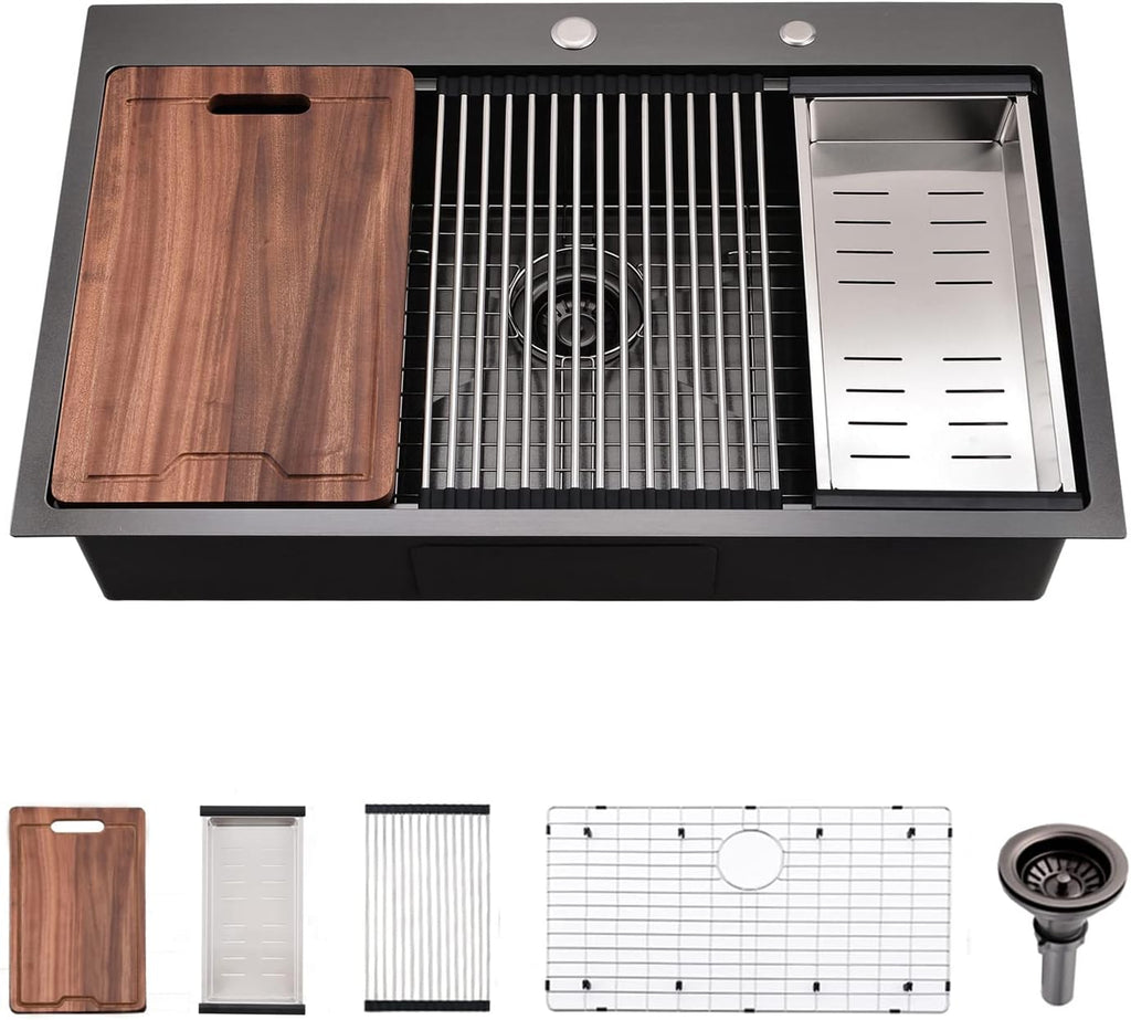 30 Inch Drop in Kitchen Sink Black - VOKIM 30x18-Inch Drop In/Topmount sink Workstation Stainless Steel 16 Gauge 10'' Deep Single Bowl Topmount Kitchen Sink with Cutting Board& Strainer
