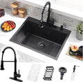 25 Inch Black Drop In Kitchen Sink with Faucet Combo - 25x22 Black Stainless Steel Drop In Sink and Faucet Combo, Single Bowl Kitchen Sink Drop In with Soap Dispenser & Accessories