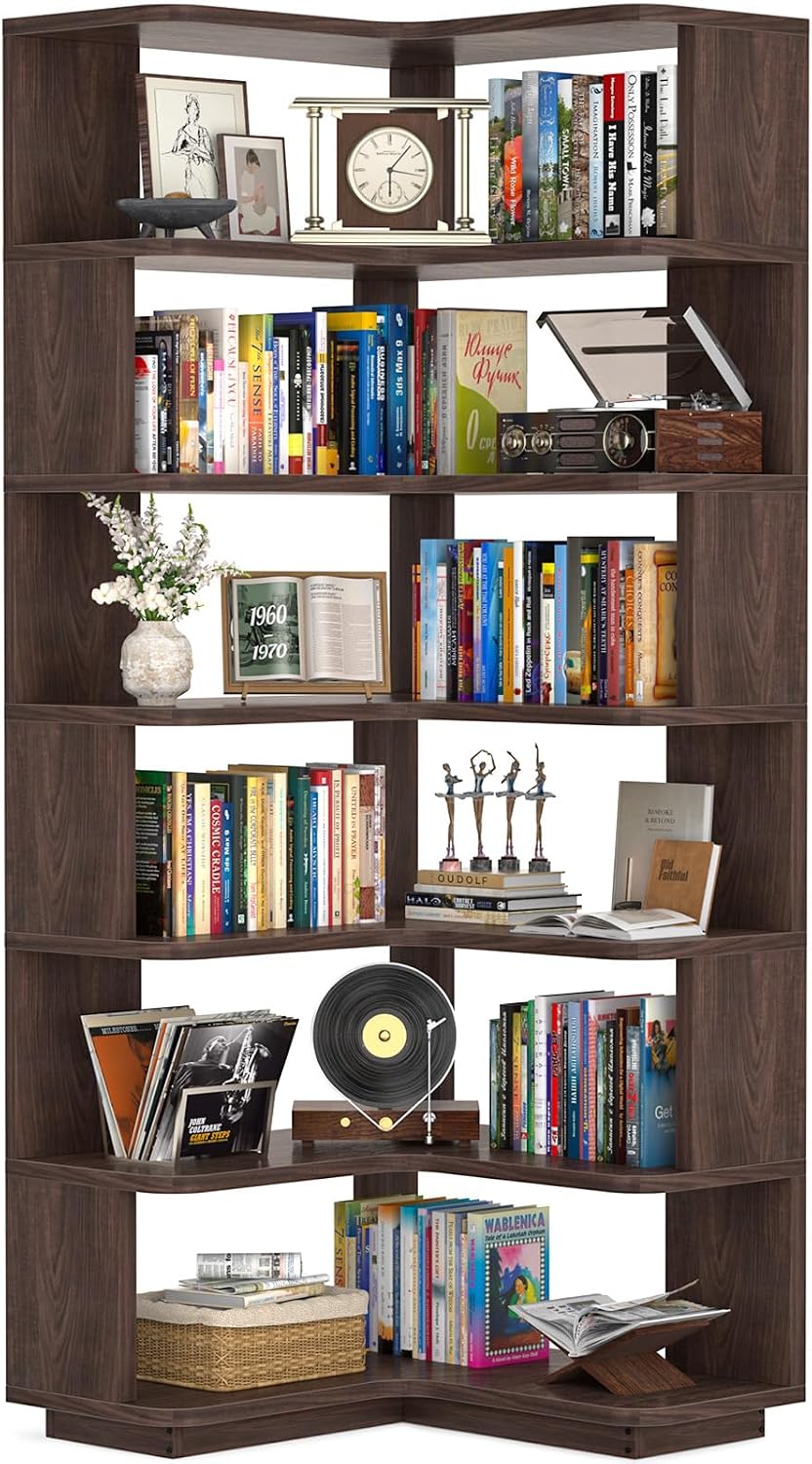 Armocity Corner Book Shelf - 7 Tier Corner Bookshelf Etagere Bookcase with Baffle, Freestanding L Shaped Display Shelf Stand for Home Office, Living Room, Bedroom, Kitchen, Black Walnut