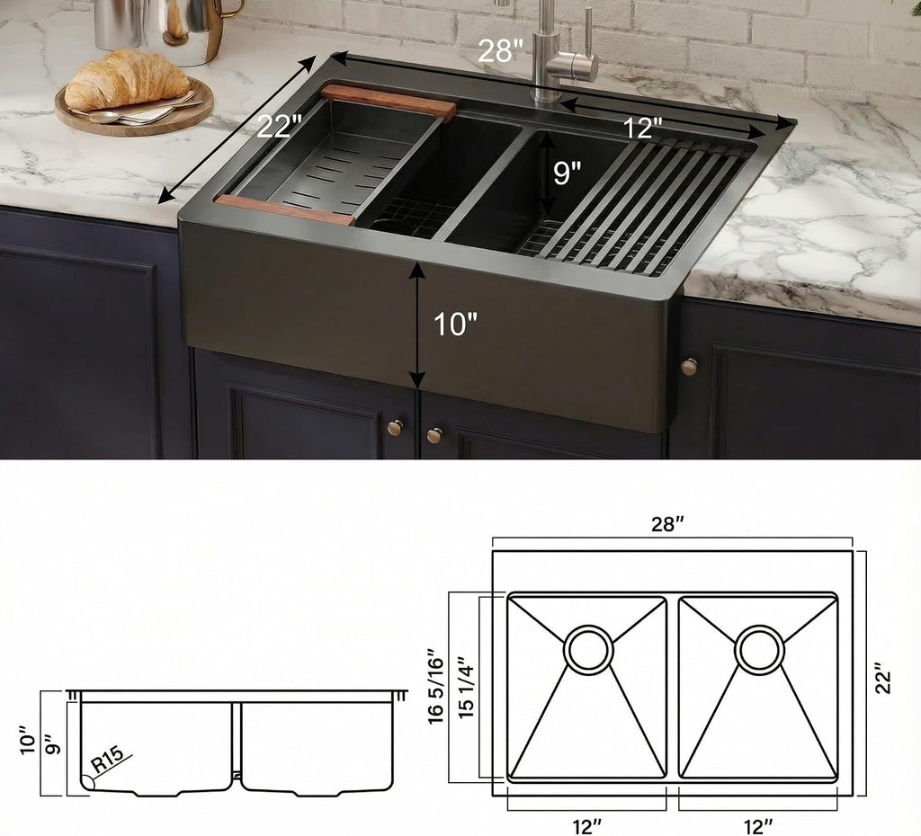 LQS Double Bowl Kitchen Sink, Undermount/Drop In Kitchen Sink, Double Bowl Stainless Steel Kitchen Sinks, 16 Gauge Stainless Steel Handmade Sinks (Black, 28' x 22' x 10')