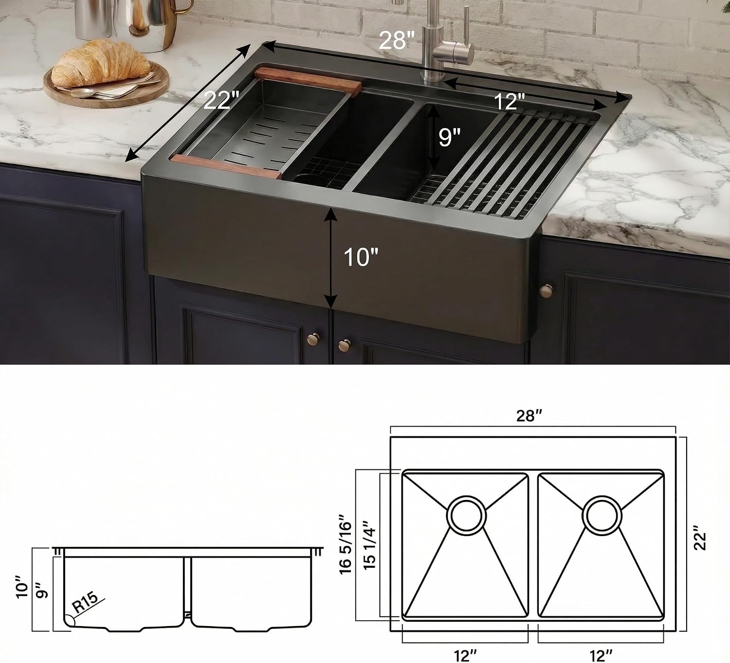 LQS Double Bowl Kitchen Sink, Undermount/Drop In Kitchen Sink, Double Bowl Stainless Steel Kitchen Sinks, 16 Gauge Stainless Steel Handmade Sinks (Black, 28' x 22' x 10')