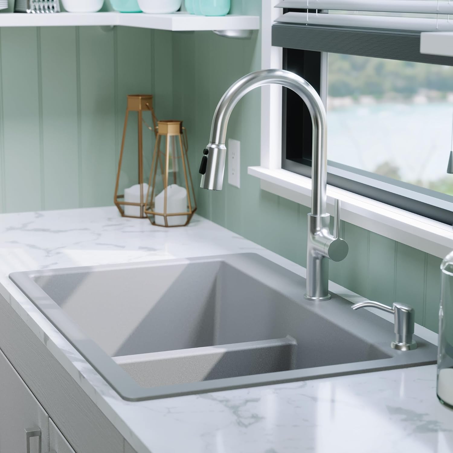 Karran 33' Grey Quartz Composite Double Bowl Kitchen Sink – Top Mount Drop-In 50/50 Low Divider, 80% Natural Quartz, 535°F Heat Resistant, Sound Dampening, Granite Composite, QT-810