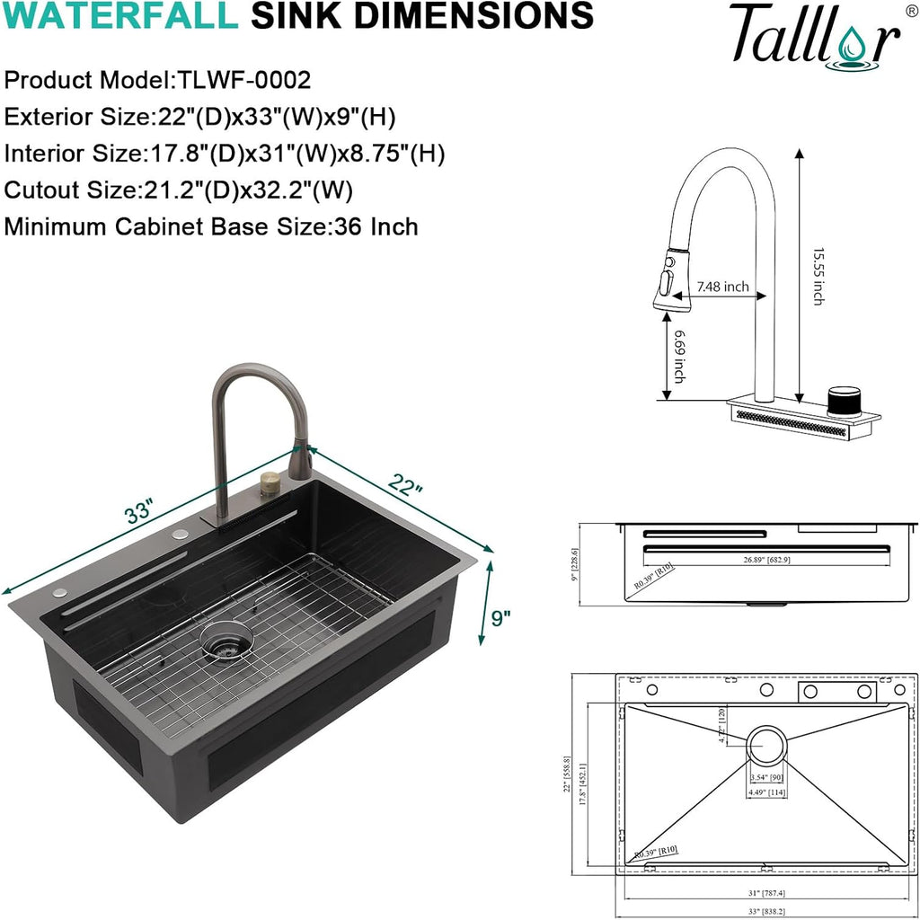 33x22 Gunmetal Black Drop In Kitchen Sink with Faucet, Waterfall Feature & Cup Washer, 16 Gauge 304 Stainless Steel, Workstation Accessories 3-Holes Sink for Residential Kitchen #TLWF-0001