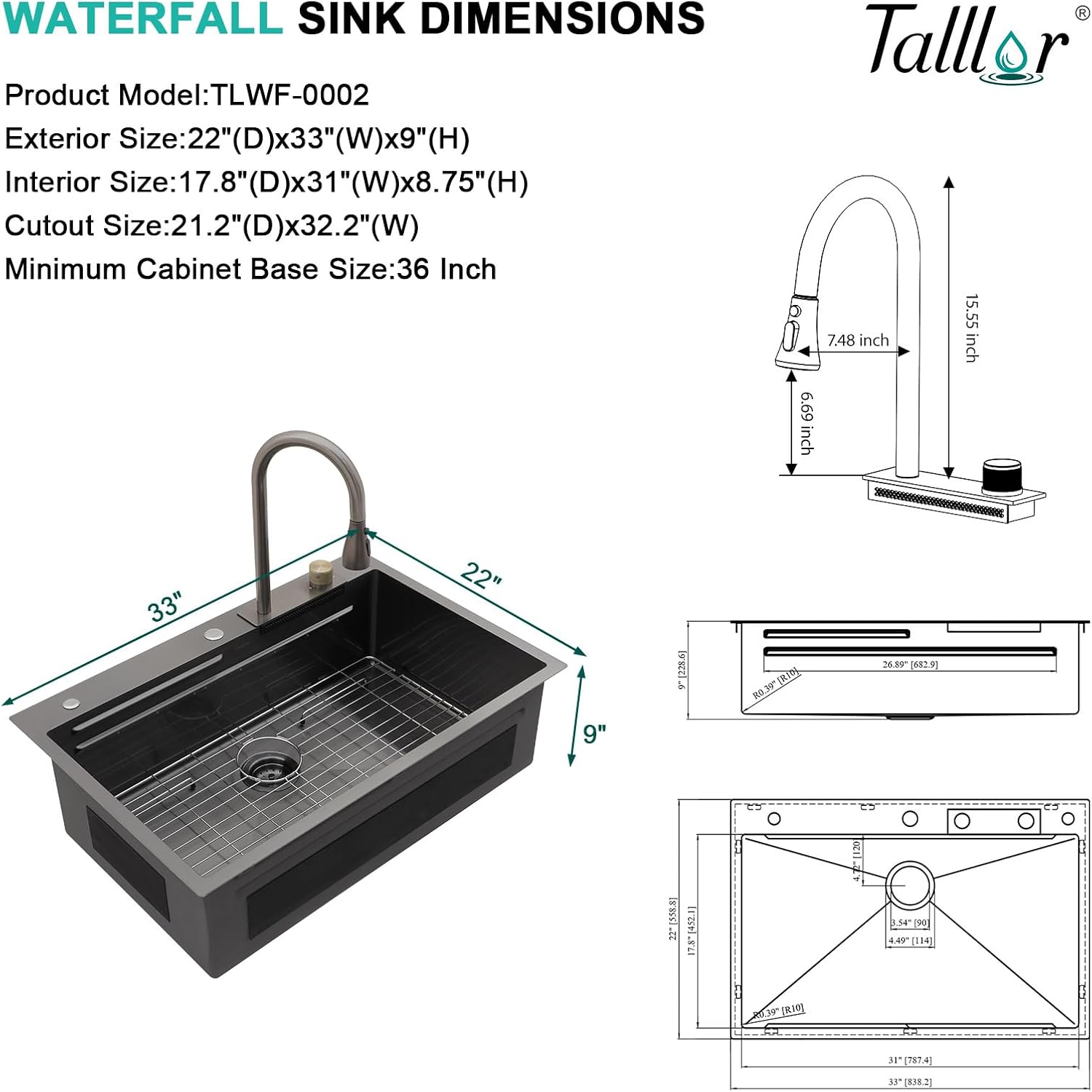 33x22 Gunmetal Black Drop In Kitchen Sink with Faucet, Waterfall Feature & Cup Washer, 16 Gauge 304 Stainless Steel, Workstation Accessories 3-Holes Sink for Residential Kitchen #TLWF-0001