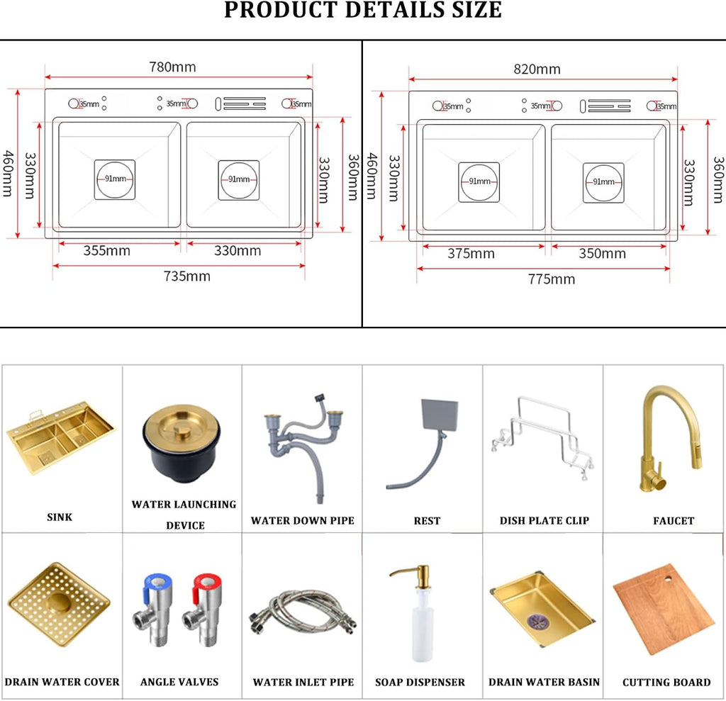 304 Stainless Steel Ro Kitchen Sink Gold Double Bowl Bar Prep Sink Multi-Purpose RV Sink with Faucet and Drain Assembly Drop in Or Under Mount (Color : Gold-g, Size : 82x46x24cm)