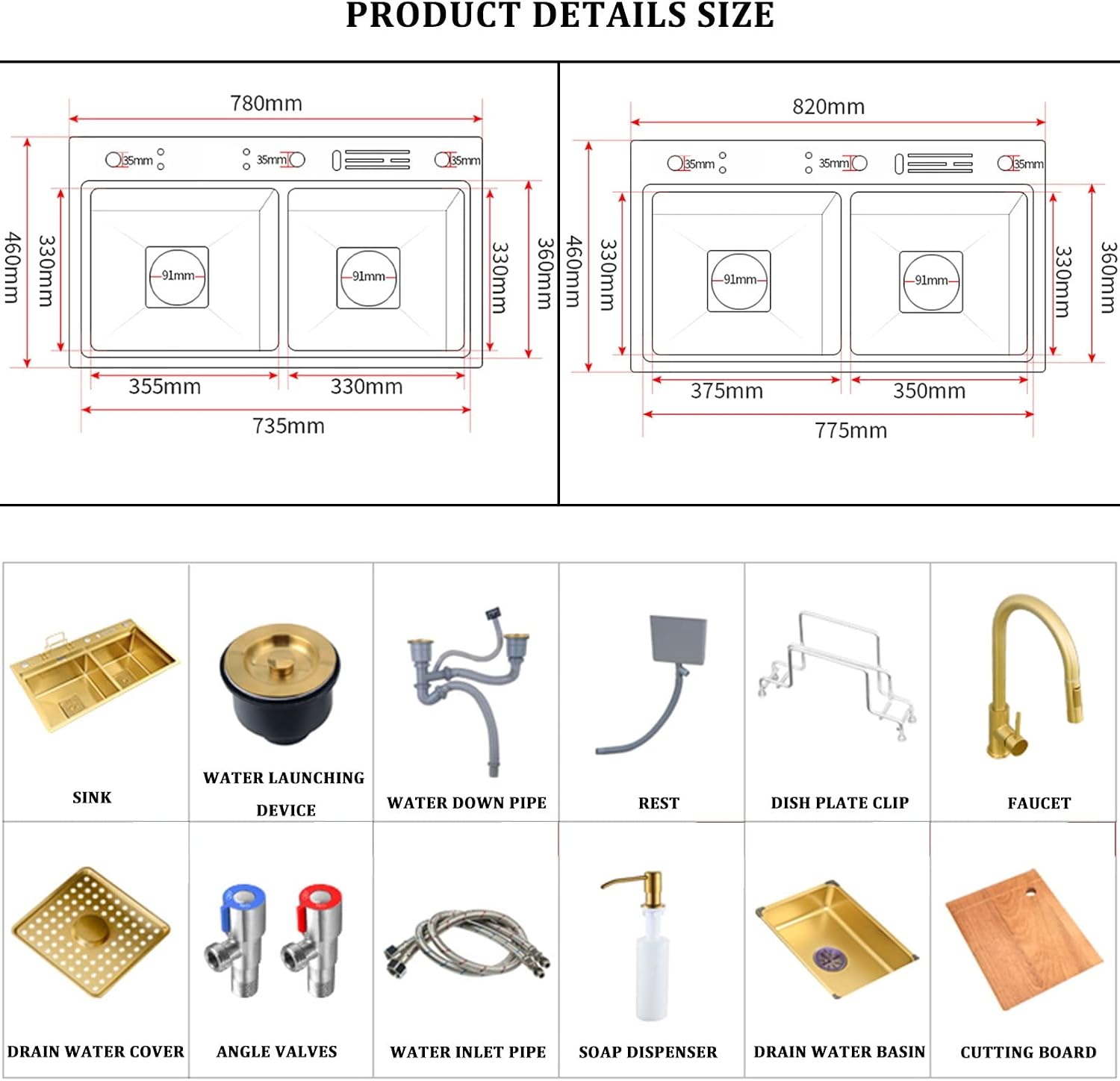 304 Stainless Steel Ro Kitchen Sink Gold Double Bowl Bar Prep Sink Multi-Purpose RV Sink with Faucet and Drain Assembly Drop in Or Under Mount (Color : Gold-g, Size : 82x46x24cm)