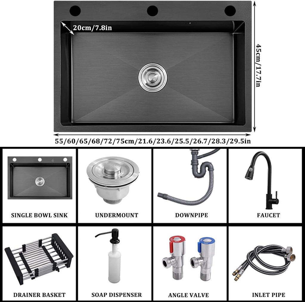 304 Stainless Steel Kitchen Sink Household Handmade Single Bowl Bar Sink Square Nano RV Sink with Faucet and Drainage Kit Top Mount Or Undermount (Color : Black-b, Size : 68x45x20cm) (Blackd 72x4