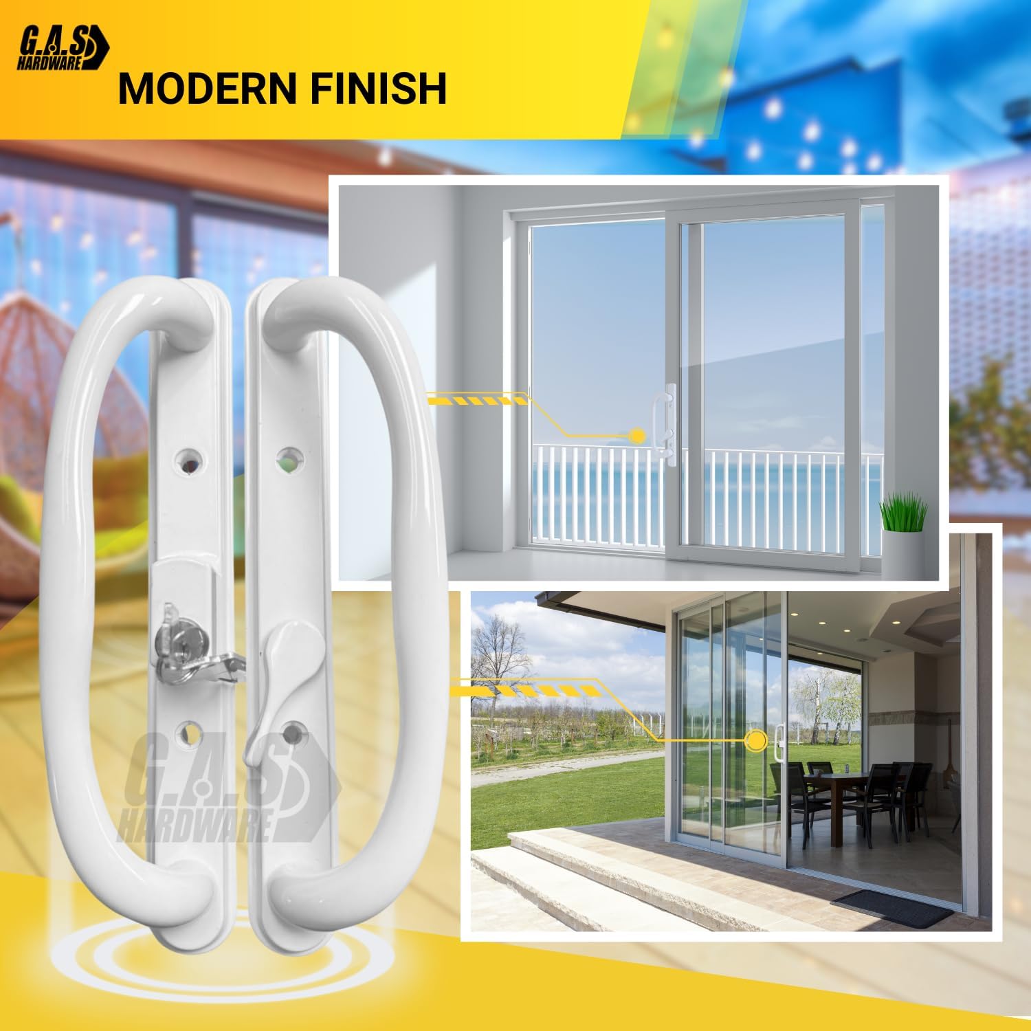 10' Olympus Sliding Patio Glass Door White Offset Pull Handle Set Replacement with Keys fits 3 ¹⁵/₁₆ inches Hole Spacing, and 1-1/4' to 2-1/4' Door Thickness - Fix and Repair Hardware