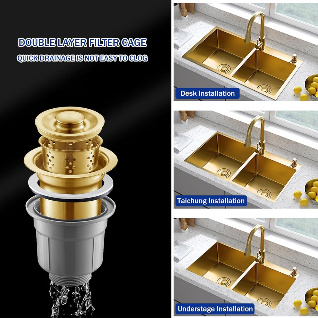 Gold Double Bowl Kitchen Sinks, with Faucet, 304 Stainless, Top Mount Kitchen Sink and Accessories, Undermount Vegetable Basin (Color : Gold D, Size : 82X45cm)