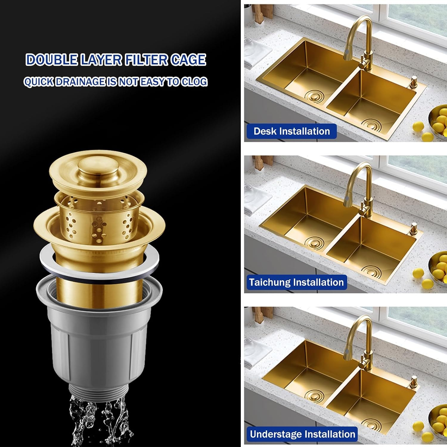 Gold Double Bowl Kitchen Sinks, with Faucet, 304 Stainless, Top Mount Kitchen Sink and Accessories, Undermount Vegetable Basin (Color : Gold D, Size : 82X45cm)