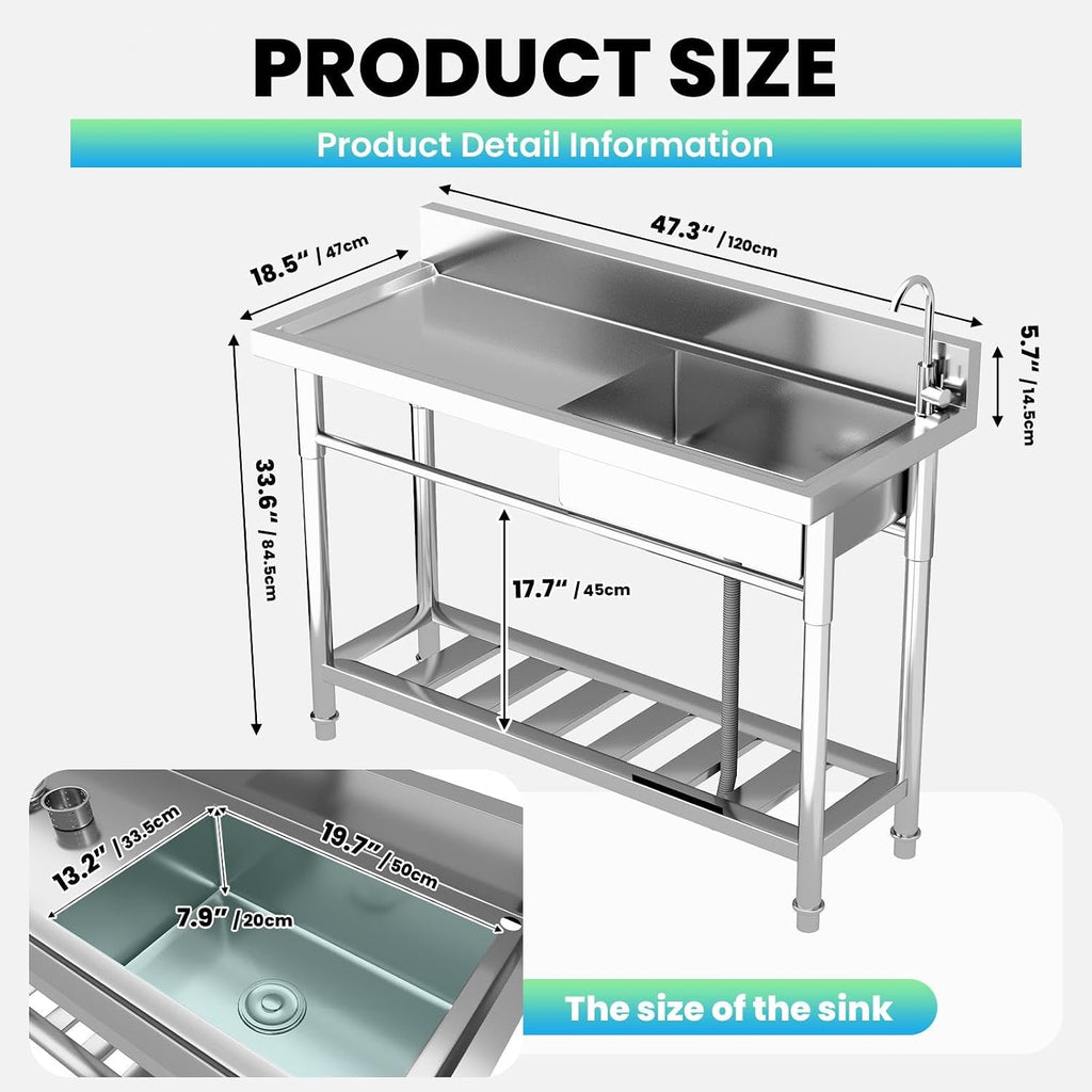 Stainless Steel 1 Compartment Sink Commercial Grade, Undermount Utility Sink for Restaurant Bar Kitchen, Easy-Clean Triple Bowl Prep Sink (1 Compartment)