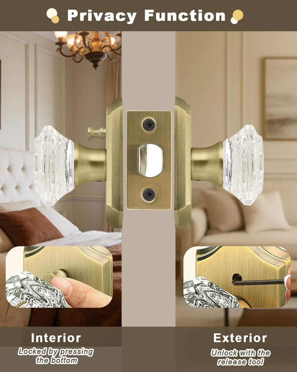 Gobrico Privacy Door Locks Crystal Knobs with Arched Antique Brass Finish,Interior Doorknobs with Lock for Bathroom Bedroom,Heavy Duty Door Handles,6 Pack