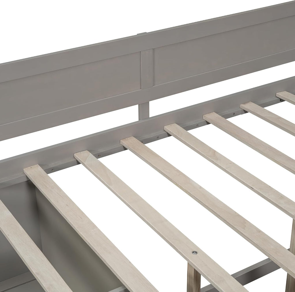 Harper & Bright Designs Full Size Corner Bed Frame with 4 Storage Drawers & Bookshelves,Wood Daybed with L Shape Headboard for Bedroom Living Room Nook,Gray
