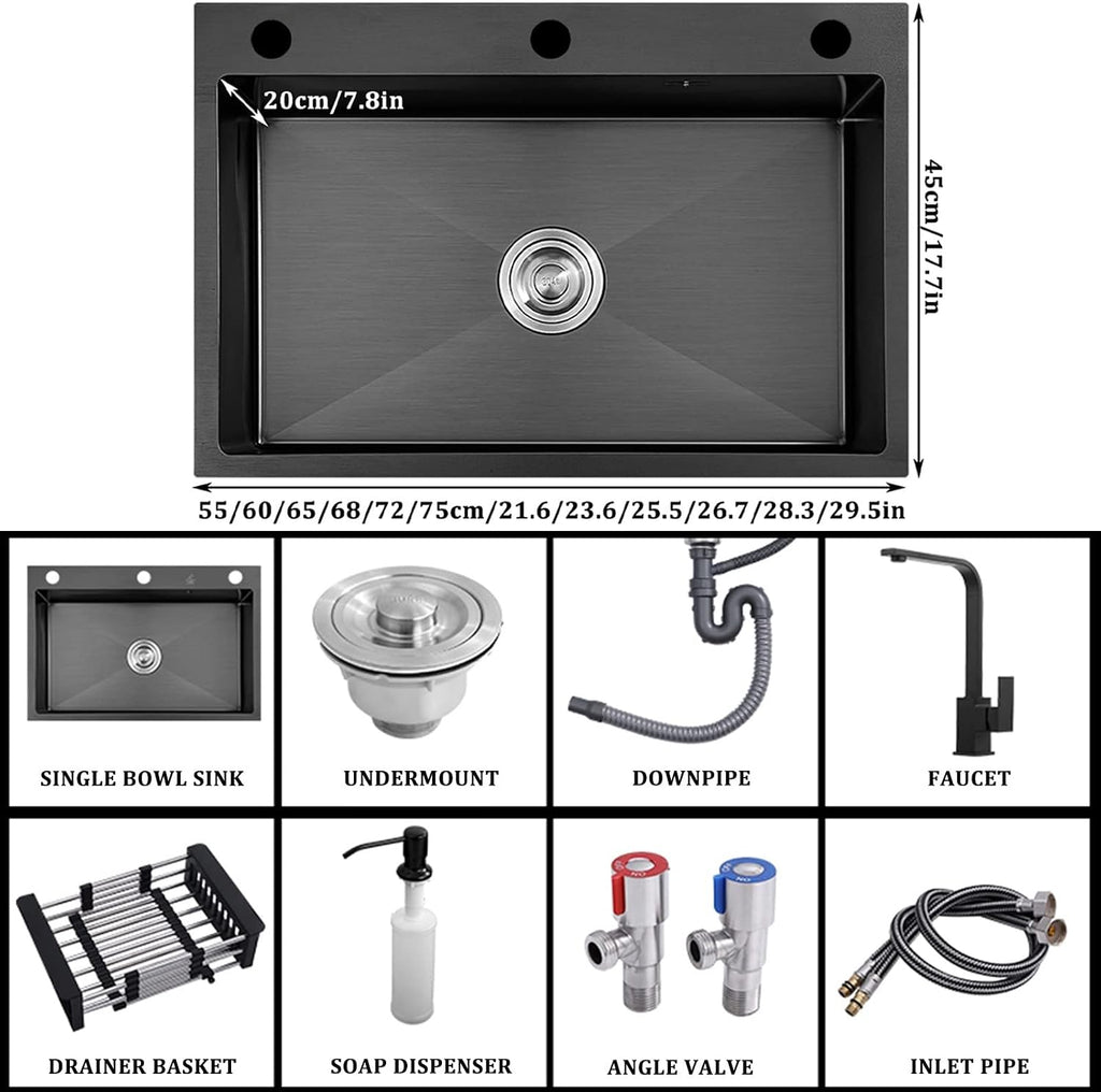 304 Stainless Steel Kitchen Sink Household Handmade Single Bowl Bar Sink Square Nano RV Sink with Faucet and Drainage Kit Top Mount Or Undermount (Color : Black-b, Size : 68x45x20cm) (Blackb 55x4