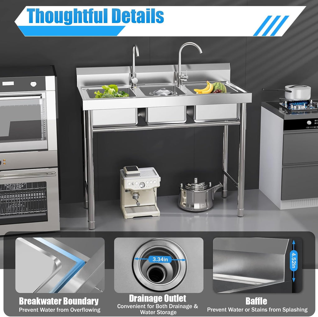 Free Standing Three Bowl Kitchen Sink Set, 3 Compartment Commercial Kitchen Sink Stainless Steel Restaurant/Garage Prep & Utility Sink 39' W x 17.7' D x 37.4' H