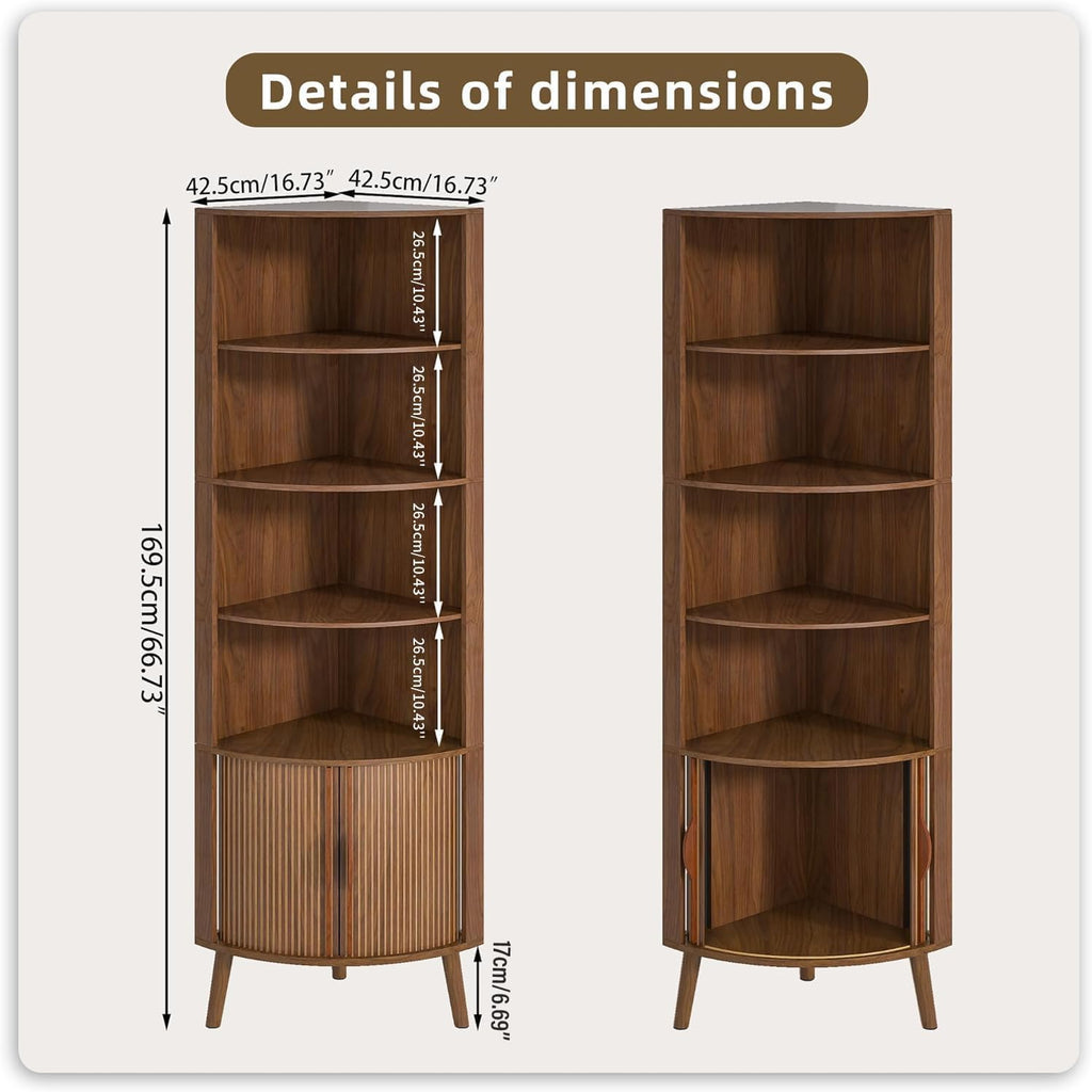 Corner Cabinet, 66.73'' Tall Modern Corner Bathroom Storage Cabinet with 2 Fluted Doors and Shelves, Home Space Saver for Kitchen, Living Room, Study Room(Walnut, 66.73''H)