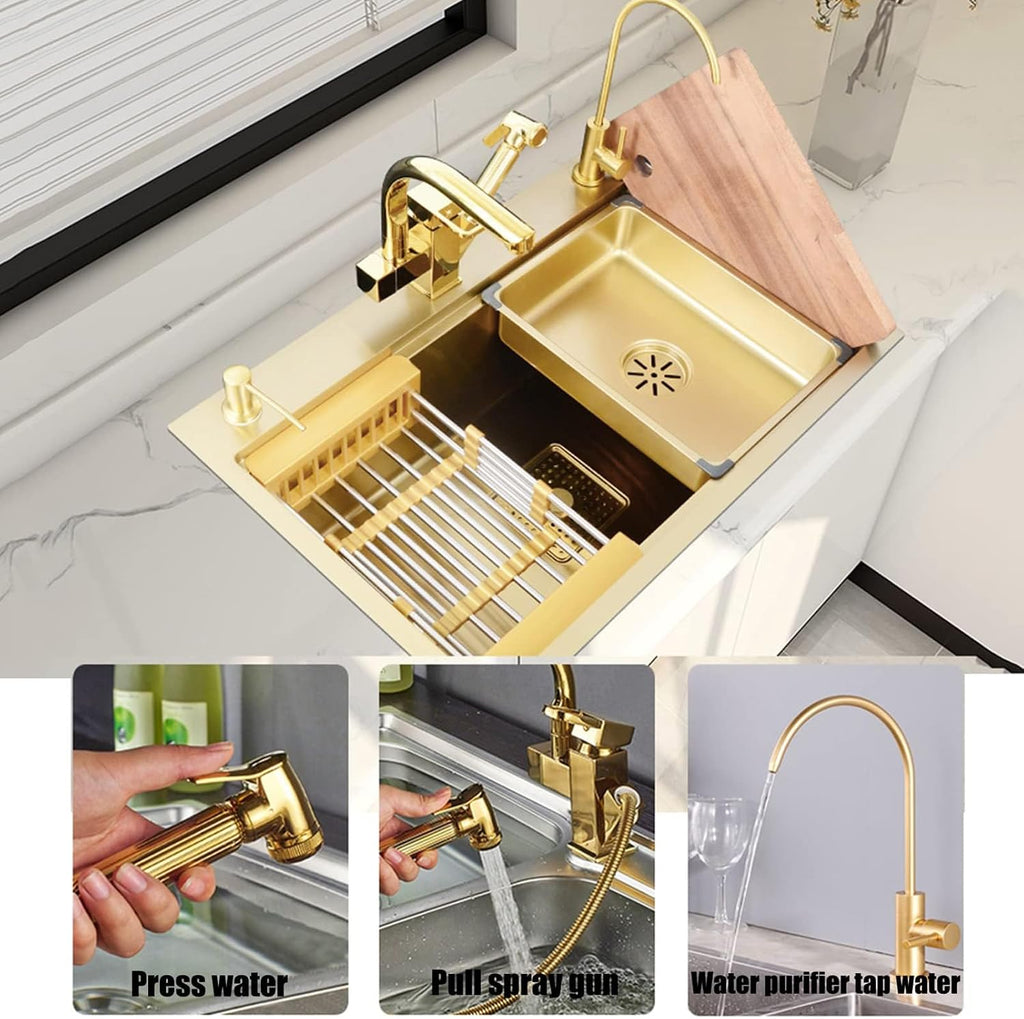 Kitchen Sink Gold, Single Bowl Kitchen Sinks Drop in 304 Stainless Steel Kitchen Sink with Tap, Soap Dispenser and Water Filter,with Mounting Accessories,80(