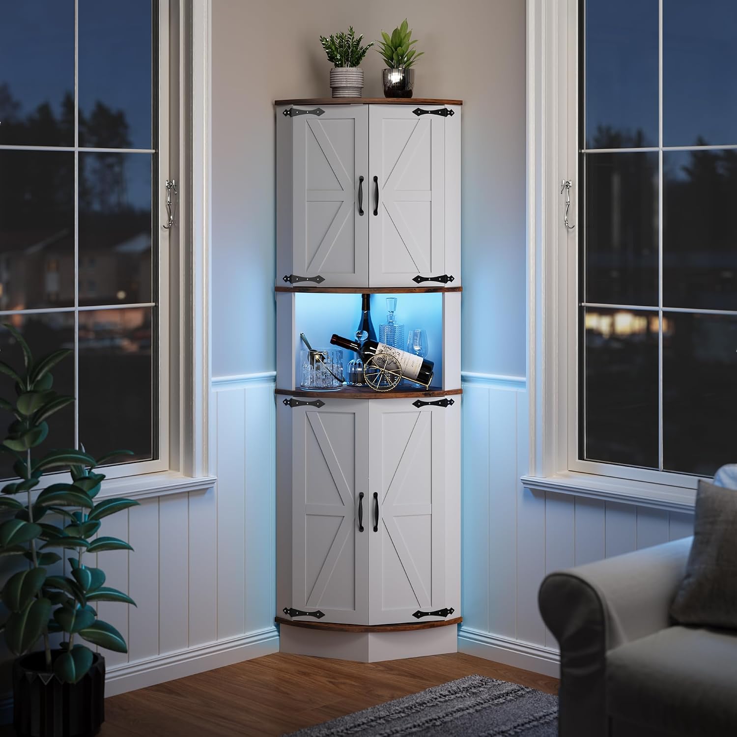 64.6' Farmhouse Corner Cabinet with LED Light, Tall Bathroom Cabinet with 4 Barn Doors and 5 Tier Shelves, Freestanding Corner Bar Cabinet with USB Ports & Outlets for Living Room, Kitchen, Bar, Brown