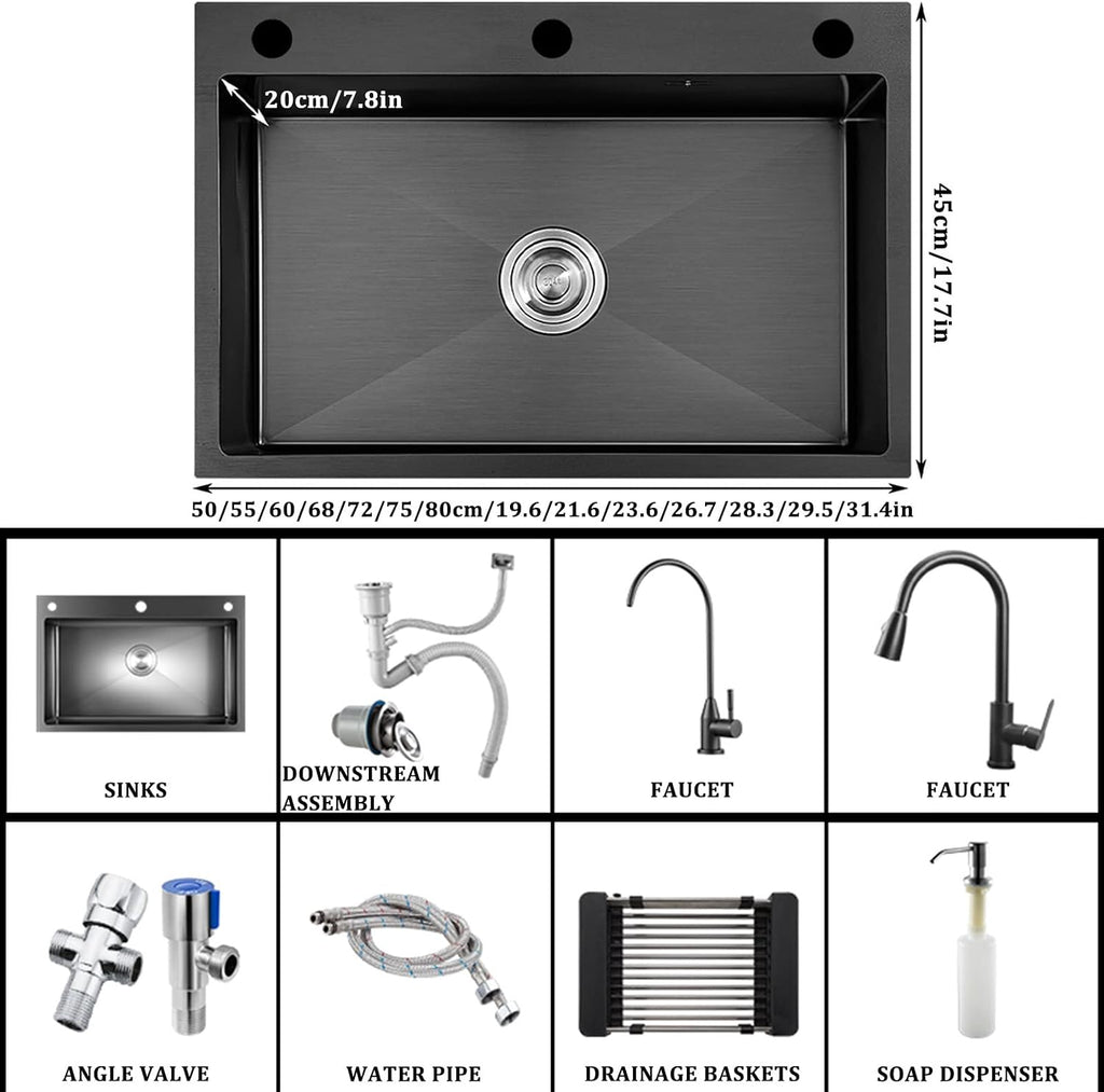 Black Nano Single Bowl Kitchen Sink 304 Stainless Steel Bar Sink Household RV Sink with Pull-Out Faucet and Drainage Assembly Top Mount Or Under Mount (Color : Black, Size : 72x45x20cm) (Black 50