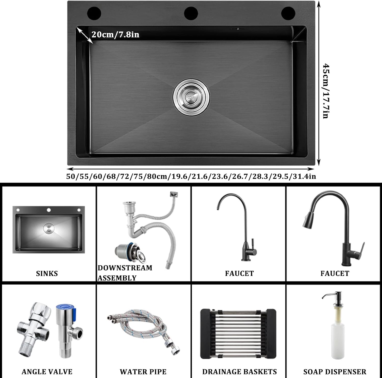 Black Nano Single Bowl Kitchen Sink 304 Stainless Steel Bar Sink Household RV Sink with Pull-Out Faucet and Drainage Assembly Top Mount Or Under Mount (Color : Black, Size : 72x45x20cm) (Black 50