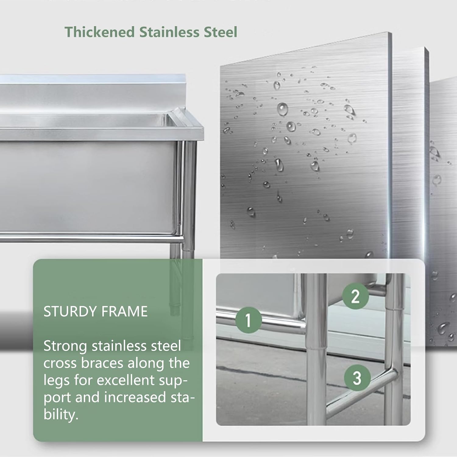 3-Compartment Stainless Steel Utility Sink Triple Bowl Freestanding Kitchen Sink, Commercial Sink Basin for Outdoor Garage Restaurant,120X50cm/47.2X19.6in