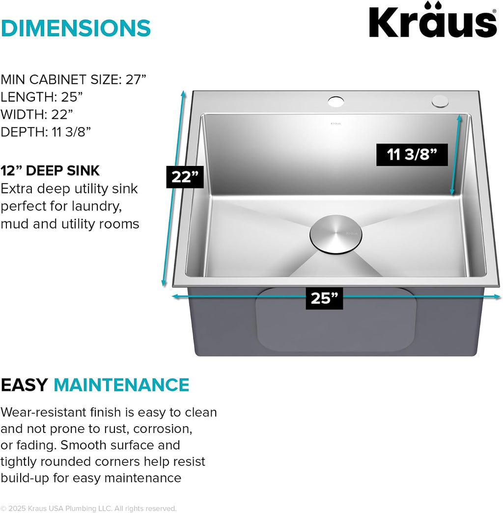 KRAUS Standart PRO 25-inch Drop-In Top Mount 16 Gauge Stainless Steel Single Bowl Laundry Utility Sink, KHT301-25L