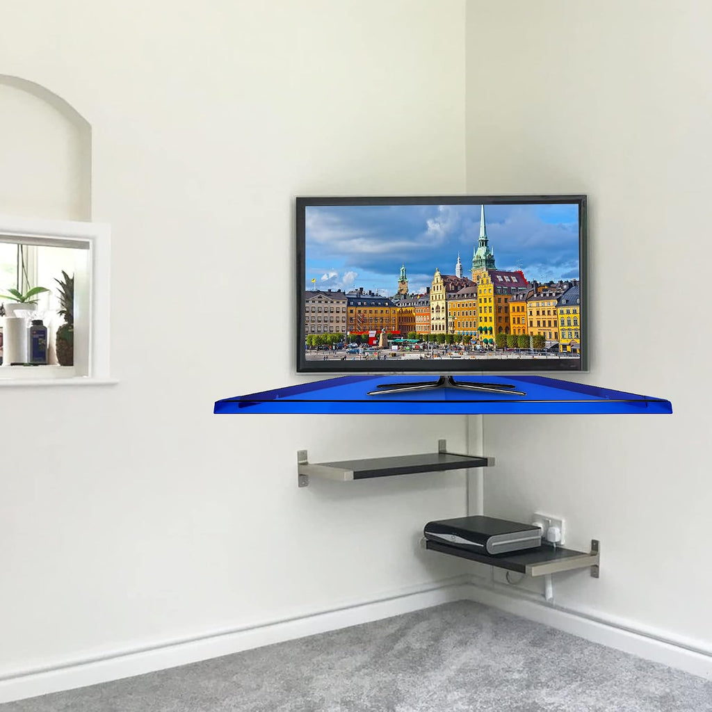 evron Modern Corner TV Shelf for 50 inch, Acrylic Wall Mounted Triangle Stand with Stylish Color Design, Space-Saving Home Decor for Living Room, Bedroom, Office (Blue 1 Pack)