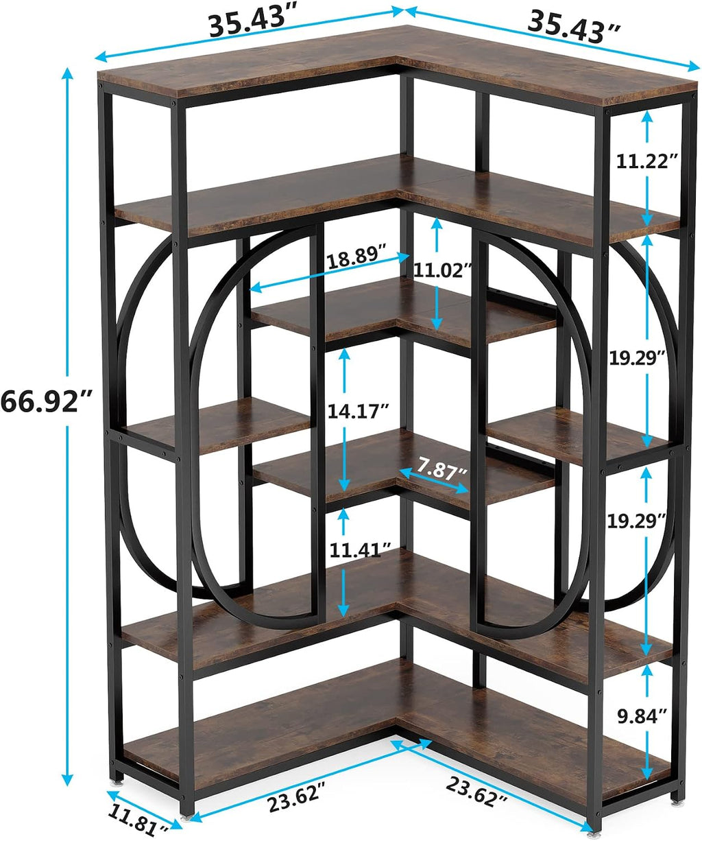 LITTLE TREE Large Corner Bookshelf Industrial Bookcase for Living Room Home Office,Brown