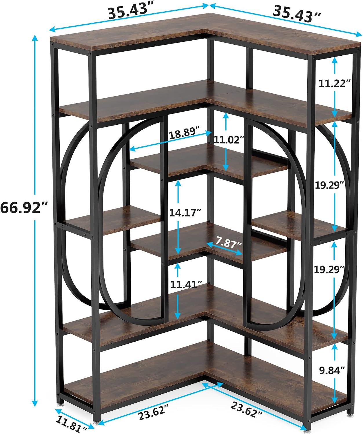 LITTLE TREE Large Corner Bookshelf Industrial Bookcase for Living Room Home Office,Brown