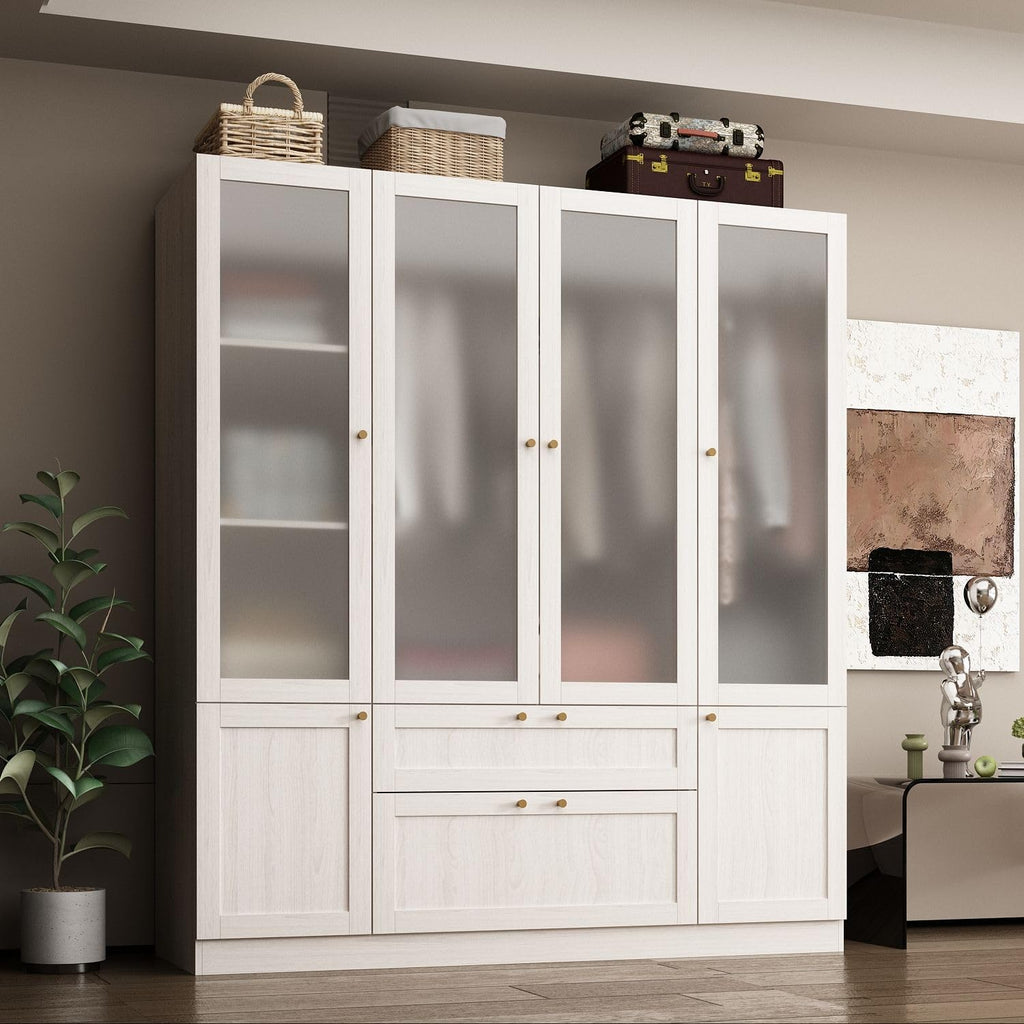 MOUMON Bedroom Armoires with Frosted Glass Doors and Hanging Rod, Wide Modern Wardrobe with Drawers, Large Armoire Wardrobe Closet, Wood Grain 63' W x 19.7' D x 70.9' H