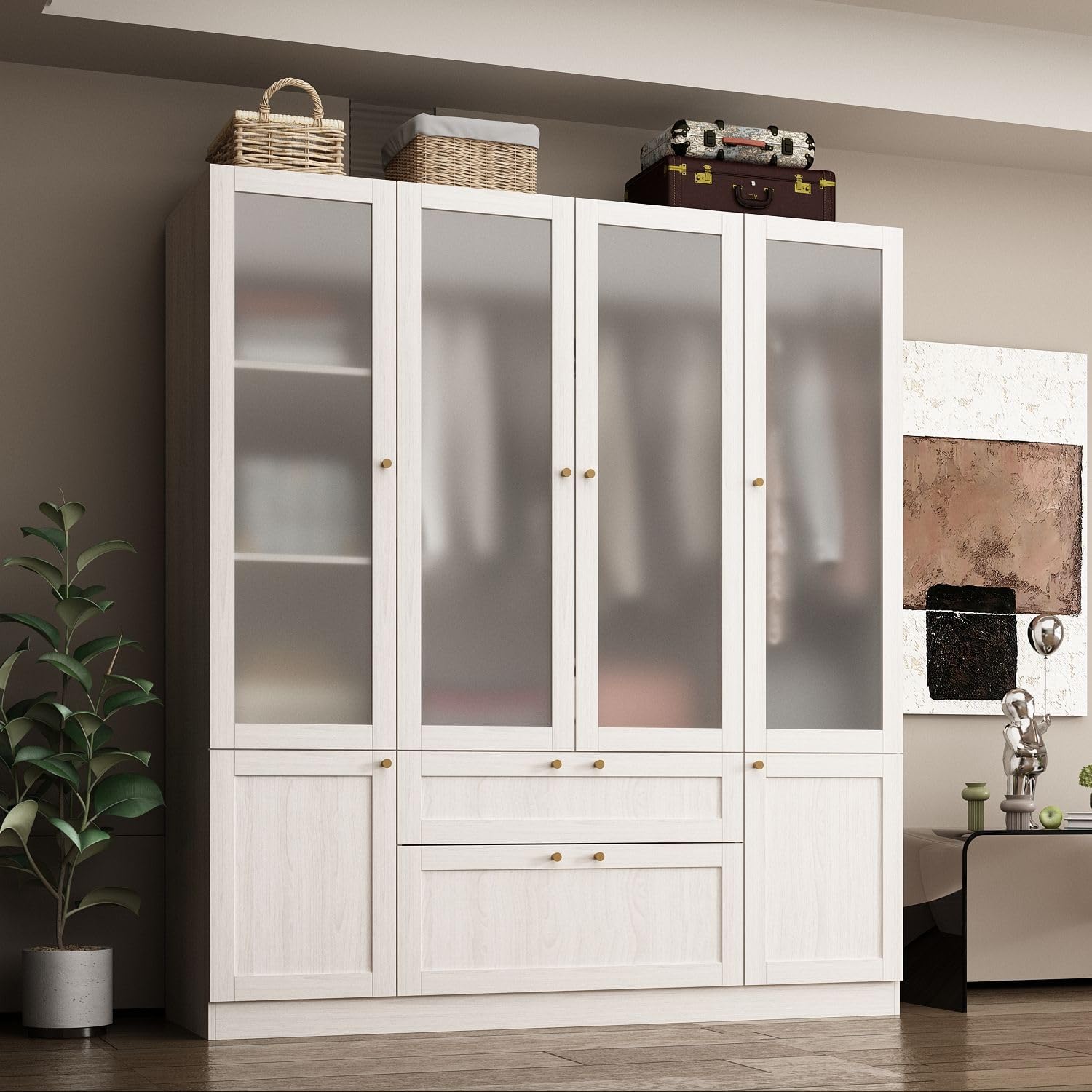 MOUMON Bedroom Armoires with Frosted Glass Doors and Hanging Rod, Wide Modern Wardrobe with Drawers, Large Armoire Wardrobe Closet, Wood Grain 63' W x 19.7' D x 70.9' H