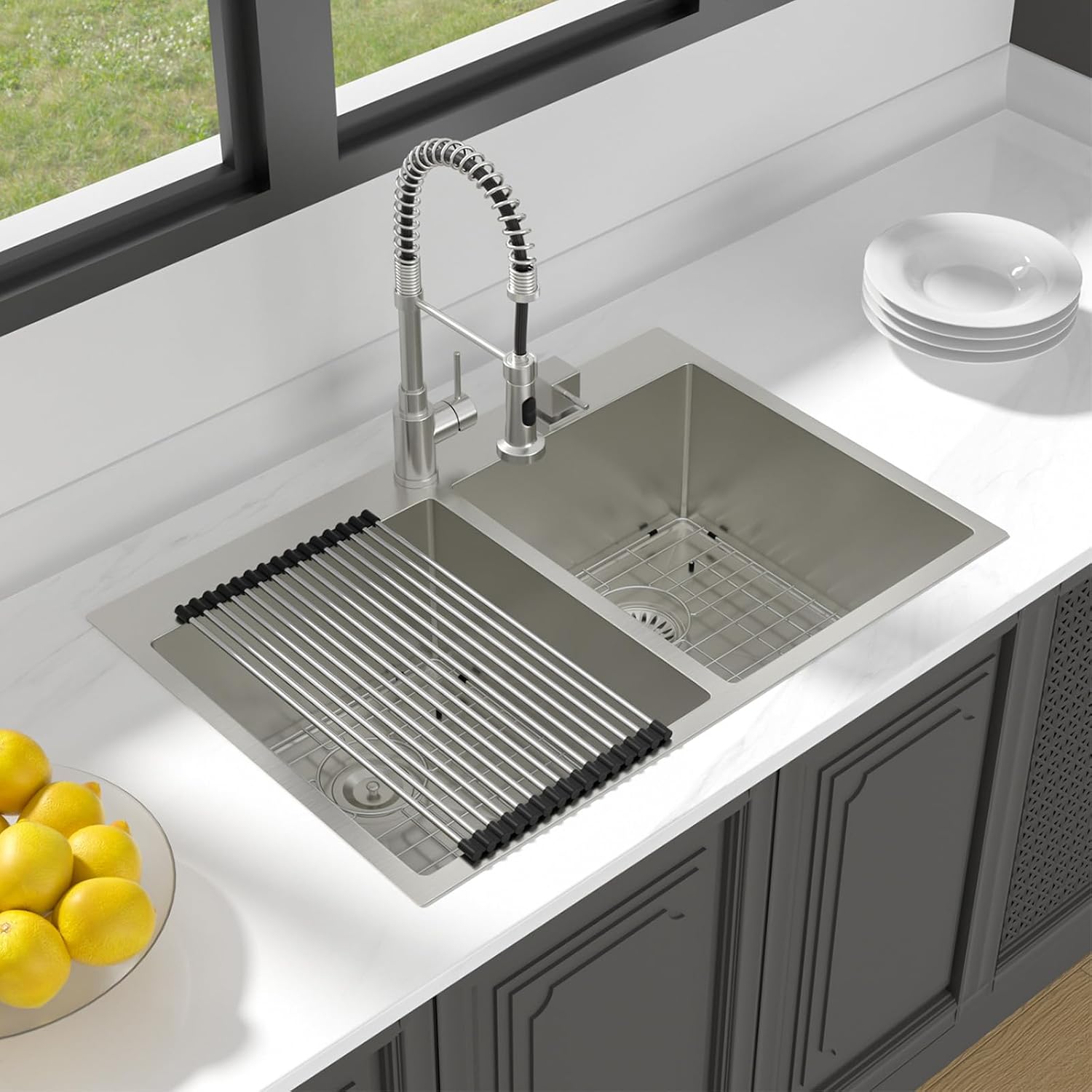 Lordear 33 Inch Drop in Kitchen Sink Double Bowl Kitchen Sinks 16 Gauge 304 Stainless Steel 50/50 Topmount Double Basin Sink